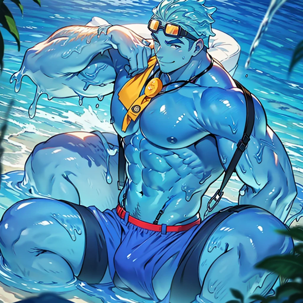 from behind, show your butt, butt up, latex swimming briefs, (outline of lid, swelling of underwear), Masterpiece, light blue sticky slime pool, highest quality, gay, monster boy, slime boy, smiling face, blue slime, clear light blue slime body, Slime covered slime body, thick eyebrows, no whites, aquamarine eyes, clear light blue skin, gently melting jelly light blue skin, inhuman appearance, human slime, muscular blood vessels, male only, male, handsome, gay, yaoi, super muscular guy, bulging chest, excess muscle, giant trapeze, giant pectoral muscle, huge pectoral muscle, hyper pectoral muscle, huge biceps, huge broad Back muscles, big back muscles, huge buttocks, huge overdeveloped muscles, monster muscles, beefcake, 30 year old mature man, manly looking, manly hairstyle, short cropped light blue melting jelly head, dissolving Slime texture, mucus splashes, large splashes, suspenders, under chest belt, chest belt, chest harness, garter belt, water bottle hanging around waist, life jacket , a lifeguard, a beach inspector, a yellow latex sleeveless rash guard, Light blue slime-like transparent sun visor, a red life jacket, and a small white whistle around your neck. Swimming goggles, lying on a bed of slime, multiple light blue slime-like aquatic animals,