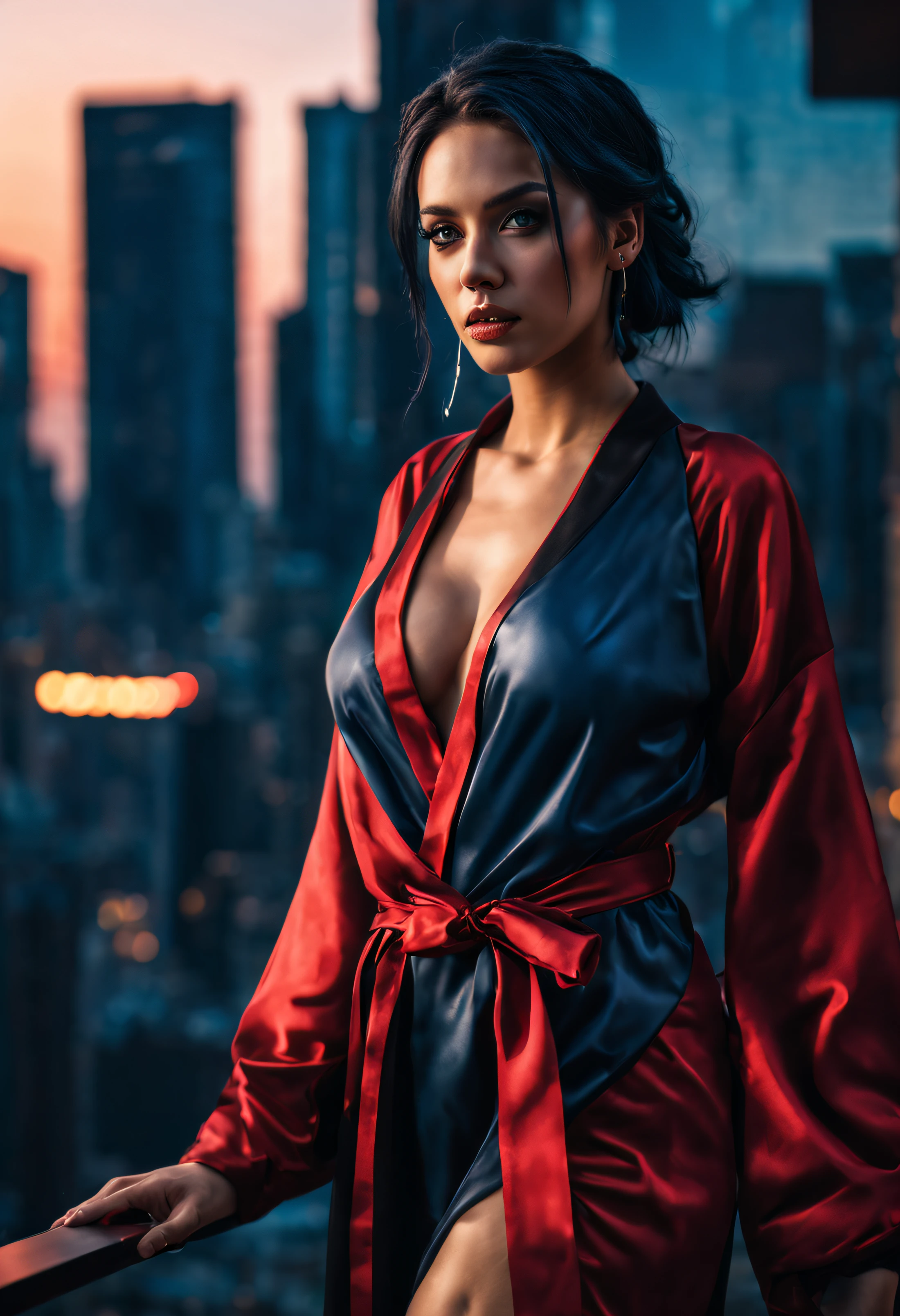 photorealistic, 25-year-old wearing sexy a black and red robe, detailed hands, mysteriously lurking in the shadows of a cyberpunk city, standing on top of a building watching people below on the street, cinematic lighting, golden hour, dark blue hair, (fantasy:1.2),(extremely detailed 8k wallpaper), professional majestic photography, Canon R5, 24mm, extremely intricate, High (Detail:1.1), Sharp focus, dramatic, soft cinematic light, 4k textures, insane details, hyperdetailed, detailed skin, hyper-detailed skin, (detailed:1.05),(extremely detailed:1.06), sharp focus,(intricate:1.03),(extremely intricate:1.04), (high quality:1.3),(best quality:1.3),(masterpiece:1.3), official wallpaper,4k textures,(epic:1.2), (curvaceous figure:1.1), perfect eyes