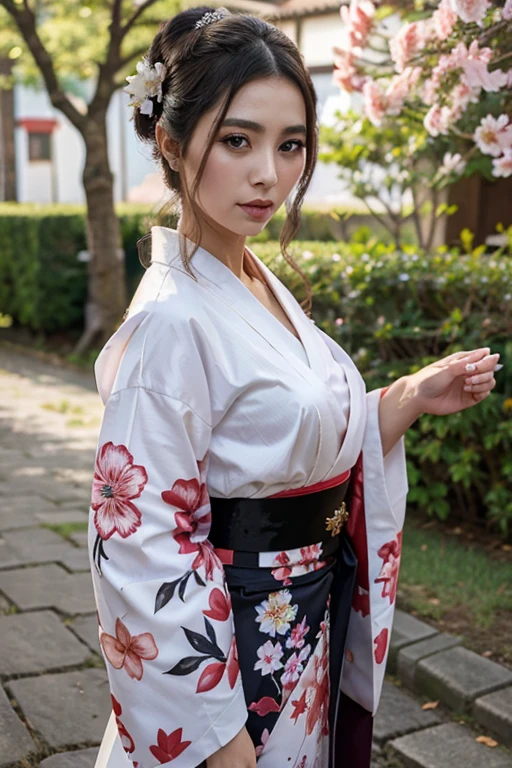 una geisha vestida con su kimono con un fondo cerezos en flor