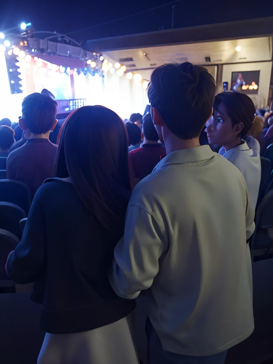 Disney pixar movie of couple watching a concert at stage. Night and in front of them are people and the roof of the stage is curved, the woman and man have their backs because they are facing the stage and the man is holding the woman's waist Naka yellow at white nastripe ang lalaki, mas matangkad sya sa babae na katabi nya at nakasuot ito ng maroon na croptop at short na sky blue. 3d image