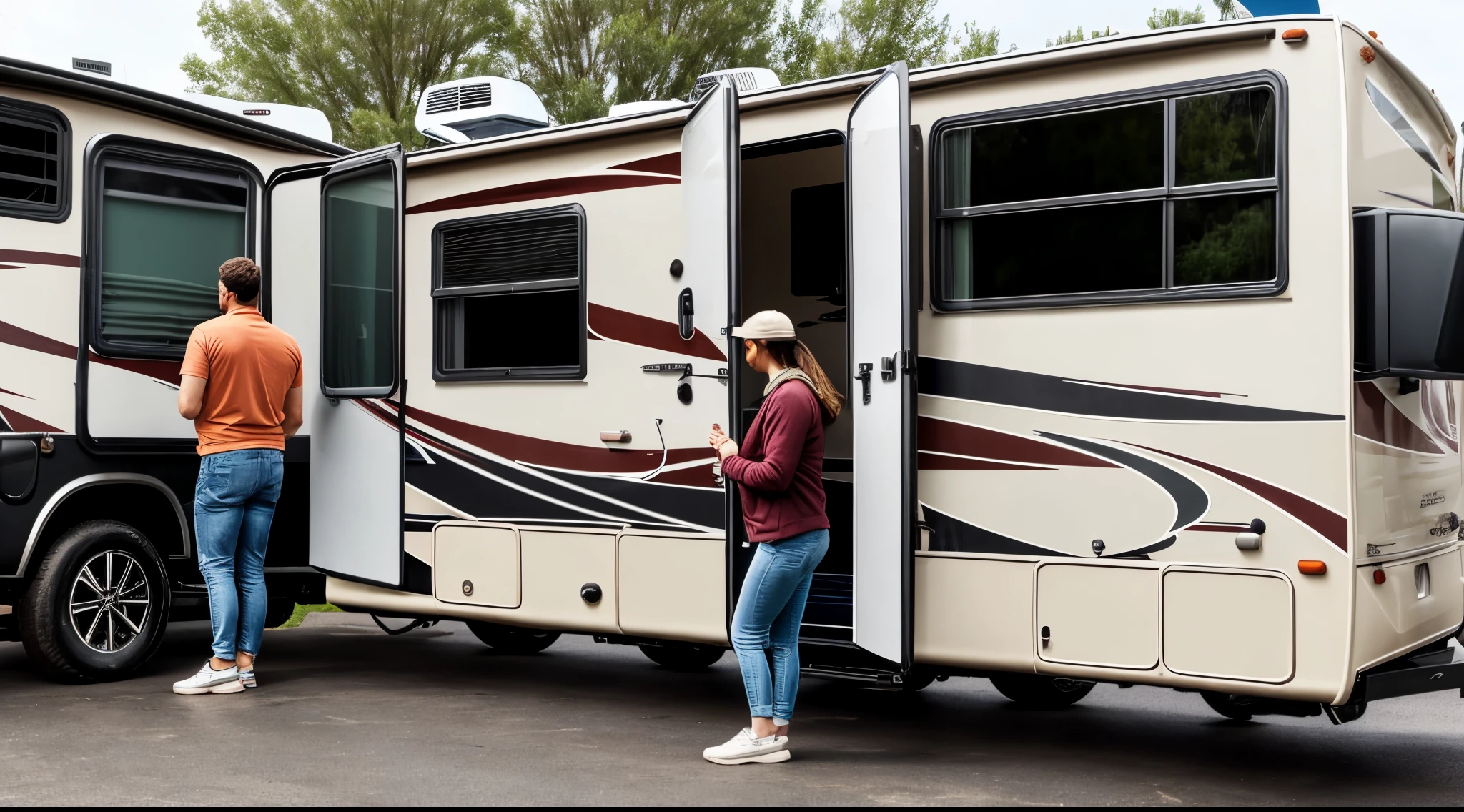 woman watching in distress as man backs up their RV