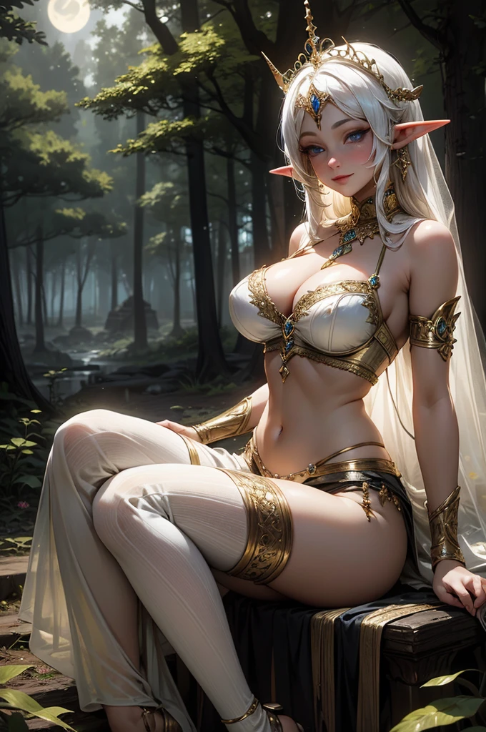 Moonlight night, young sexy belly dancer elf, very big breasts, sexy transparent yellow underwear with lace, beautiful woman, happy face, white hair, blue eyes, sitting in the forest, with unicorn tiara