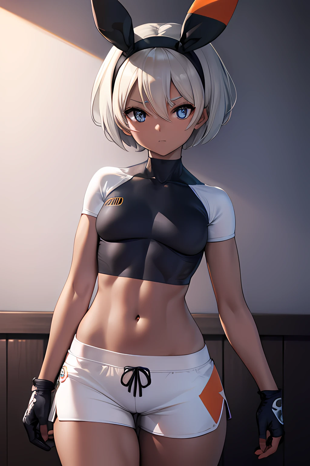 pokemonbea, pokemonbea, blue eyes, dark skin, dark-skinned female, grey hair, hair between eyes, short hair, ribbon, hair ribbon, hairband, black ribbon, black hairband,
BREAK bodysuit, covered navel, shorts, single glove, glove, crop top, white crop top, short sleeves, collar, white shorts,
BREAK indoors, dojo,
BREAK looking at viewer, (cowboy shot:1.5),
BREAK (masterpiece:1.2), best quality, high resolution, unity 8k wallpaper, (illustration:0.8), (beautiful detailed eyes:1.6), extremely detailed face, perfect lighting, extremely detailed CG, (perfect hands, perfect anatomy),