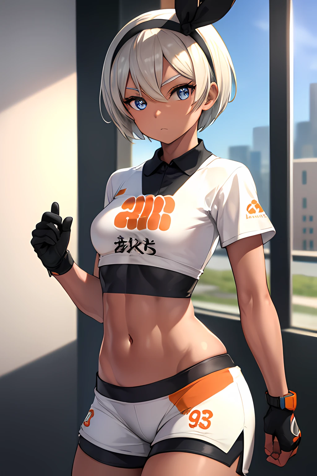 pokemonbea, pokemonbea, blue eyes, dark skin, dark-skinned female, grey hair, hair between eyes, short hair, ribbon, hair ribbon, hairband, black ribbon, black hairband,
BREAK bodysuit, covered navel, shorts, single glove, glove, crop top, white crop top, short sleeves, collar, white shorts,
BREAK indoors, dojo,
BREAK looking at viewer, (cowboy shot:1.5),
BREAK (masterpiece:1.2), best quality, high resolution, unity 8k wallpaper, (illustration:0.8), (beautiful detailed eyes:1.6), extremely detailed face, perfect lighting, extremely detailed CG, (perfect hands, perfect anatomy),