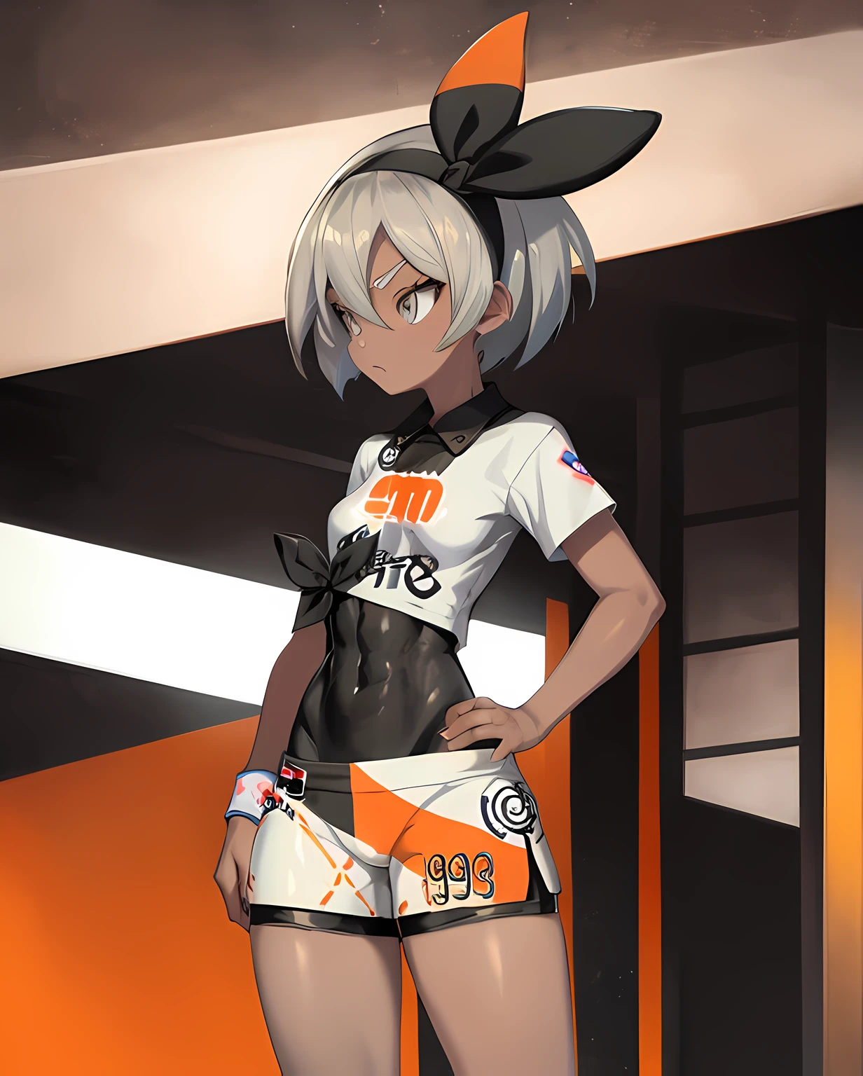 (skullgirls-48600:0.9), bea \(pokemon\), bodysuit, bodysuit under clothes, print shirt, print shorts, hands on hips, grey eyes, grey hair