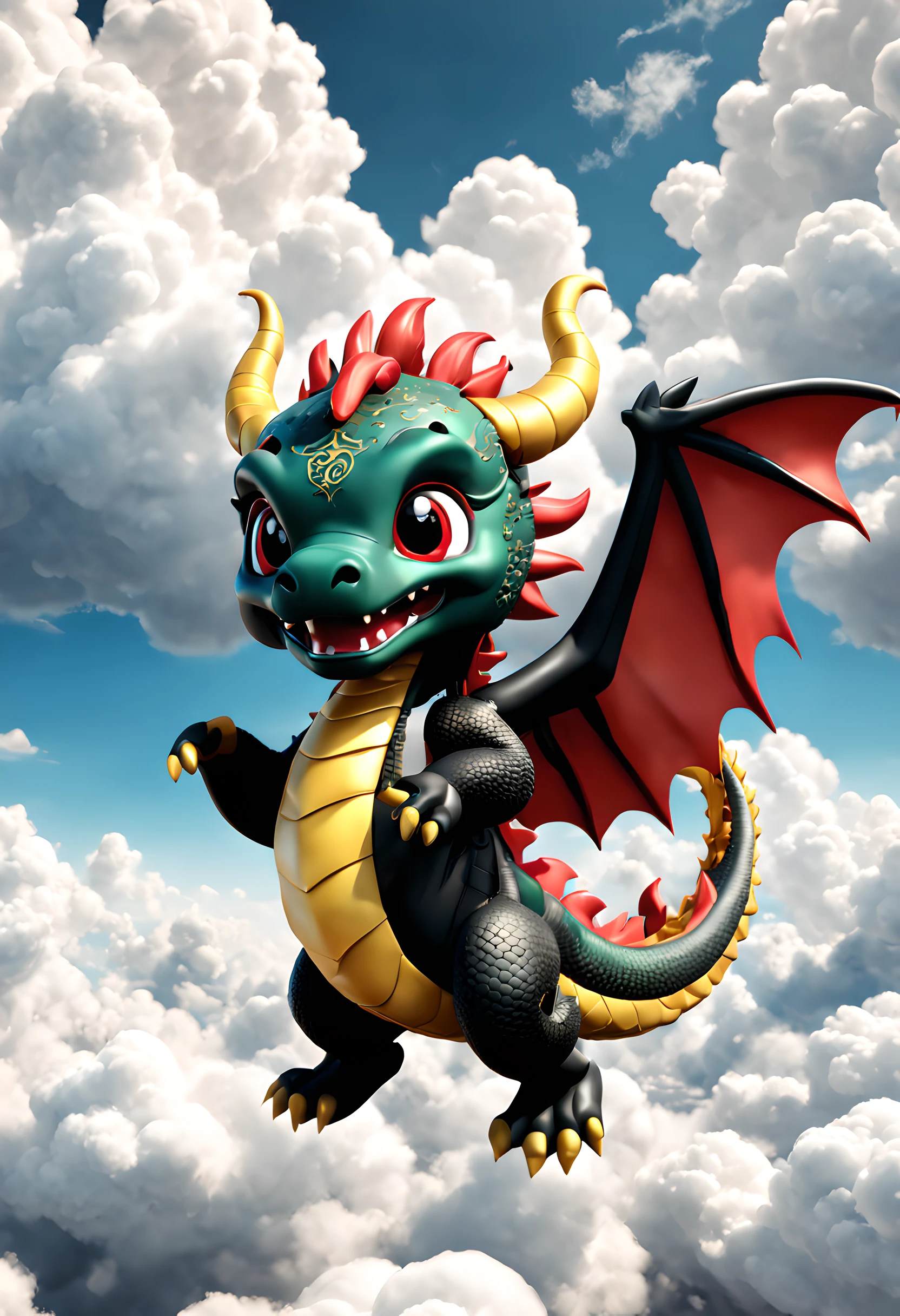 Cute Chinese dragon mascot flying among the clouds in the sky,3D style, 3Drenderingof, tchibi, full bodyesbian, Black, tmasterpiece