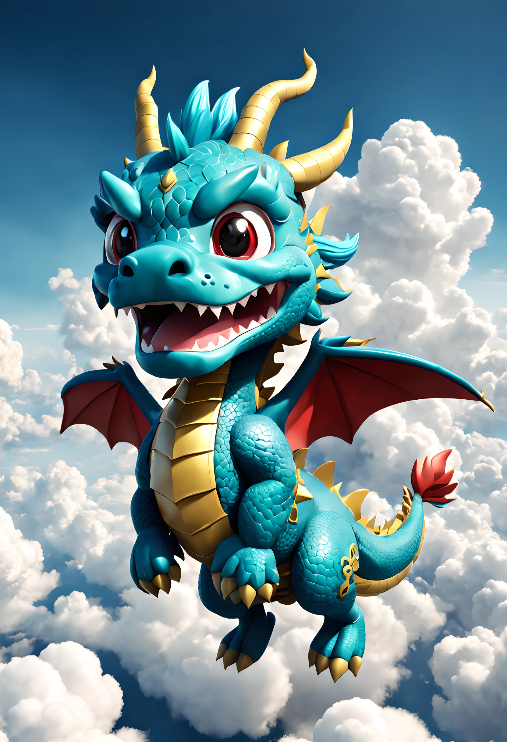 Cute Chinese dragon mascot flying among the clouds in the sky,3D style, 3Drenderingof, tchibi, full bodyesbian, blue, tmasterpiece