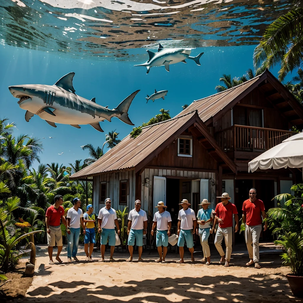 Alberto and his friends visiting a world where white sharks have evolved and live in peace. They are welcomed by the leader Ré, que enorme e luminoso, e pelos Rheans, who are humanoid and civilized. Eles veem a rodada, colorful houses of the Réans, com jardins e piscinas. They feel blessed and happy.