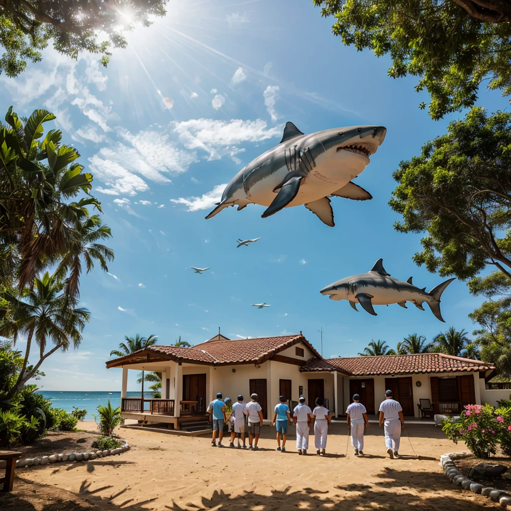 Alberto and his friends visiting a world where white sharks have evolved and live in peace. They are welcomed by the leader Ré, que enorme e luminoso, e pelos Rheans, who are humanoid and civilized. Eles veem a rodada, colorful houses of the Réans, com jardins e piscinas. They feel blessed and happy.