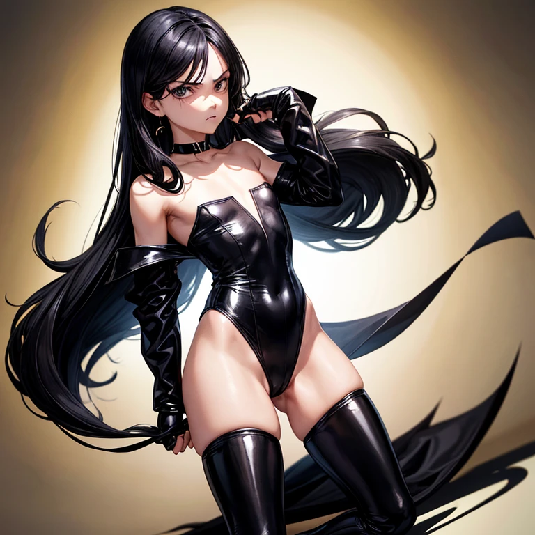 1boy, male, youthful, effeminate, long black hair, black eyes, flat chest, wide hips, tender thighs, leotard, wearing a black strapless leotard, bare legs, black thigh high boots, black gloves, black choker, small black crown, black earrings, black cape, angry, black dark mansion