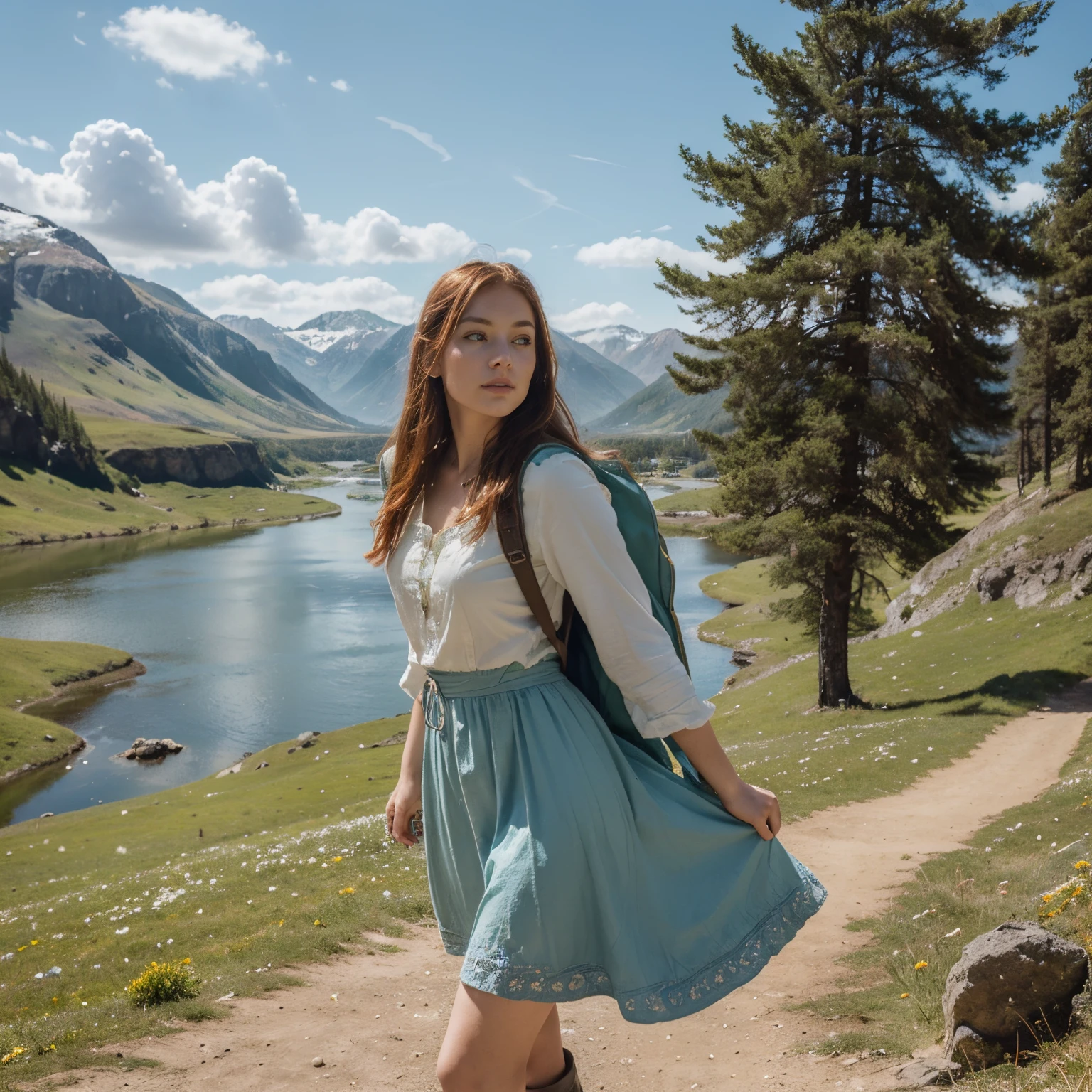 (a girl:1.1),redhead,female,traveler viking style,full length,beautiful detailed eyes,beautiful detailed lips,extremely detailed eyes and face,longeyelashes,vintage style,bohemian dress,exploring,nature,hiking,carrying a backpack,standing in front of a breathtaking landscape,serene expression,windy hair,adventurous spirit,sunny day,warm sunlight,hiking boots,green meadow,tall mountains,crystal clear lake,blue sky with fluffy white clouds,peaceful atmosphere,tranquil surroundings,soft natural colors,portrait photography,highres,with a hint of nostalgia