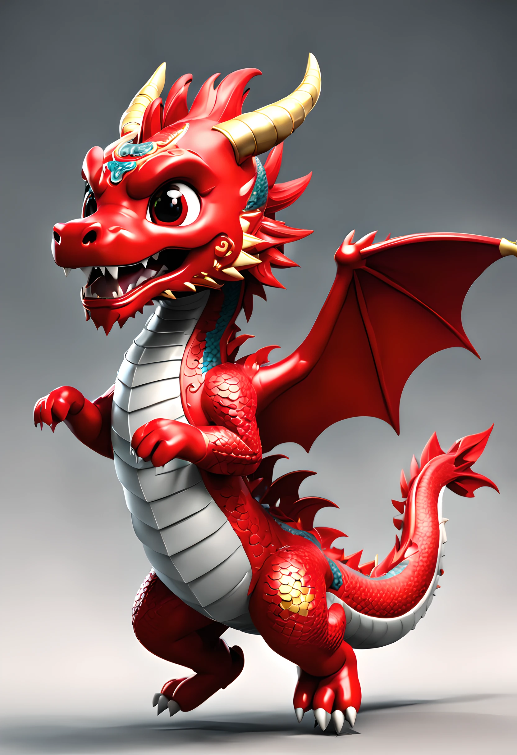 Cute Chinese dragon mascot flying,3D style, 3Drenderingof, tchibi, full bodyesbian, Red, tmasterpiece