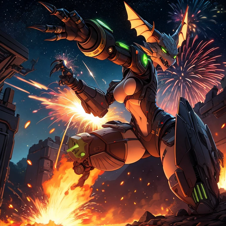 female, anthro, kobold, metallic, robotic, robot, android, demonic, black, glowing green eyes, claws outstretched, angry face, fangs showing, small breasts, thin body, curved thighs, war, explosions, fireworks, explosions, exploding bombs, debri, science fiction, space ships on fire, war, warrior, fighting, masterpiece, high quality, no clothes,