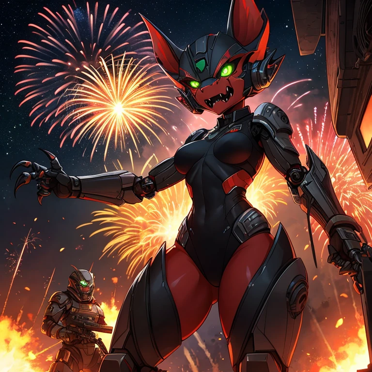 female, anthro, kobold, metallic, robotic, robot, android, demonic, black, glowing green eyes, claws outstretched, angry face, fangs showing, small breasts, thin body, curved thighs, war, explosions, fireworks, explosions, exploding bombs, debri, science fiction, space ships on fire, war, warrior, fighting, masterpiece, high quality, no clothes,