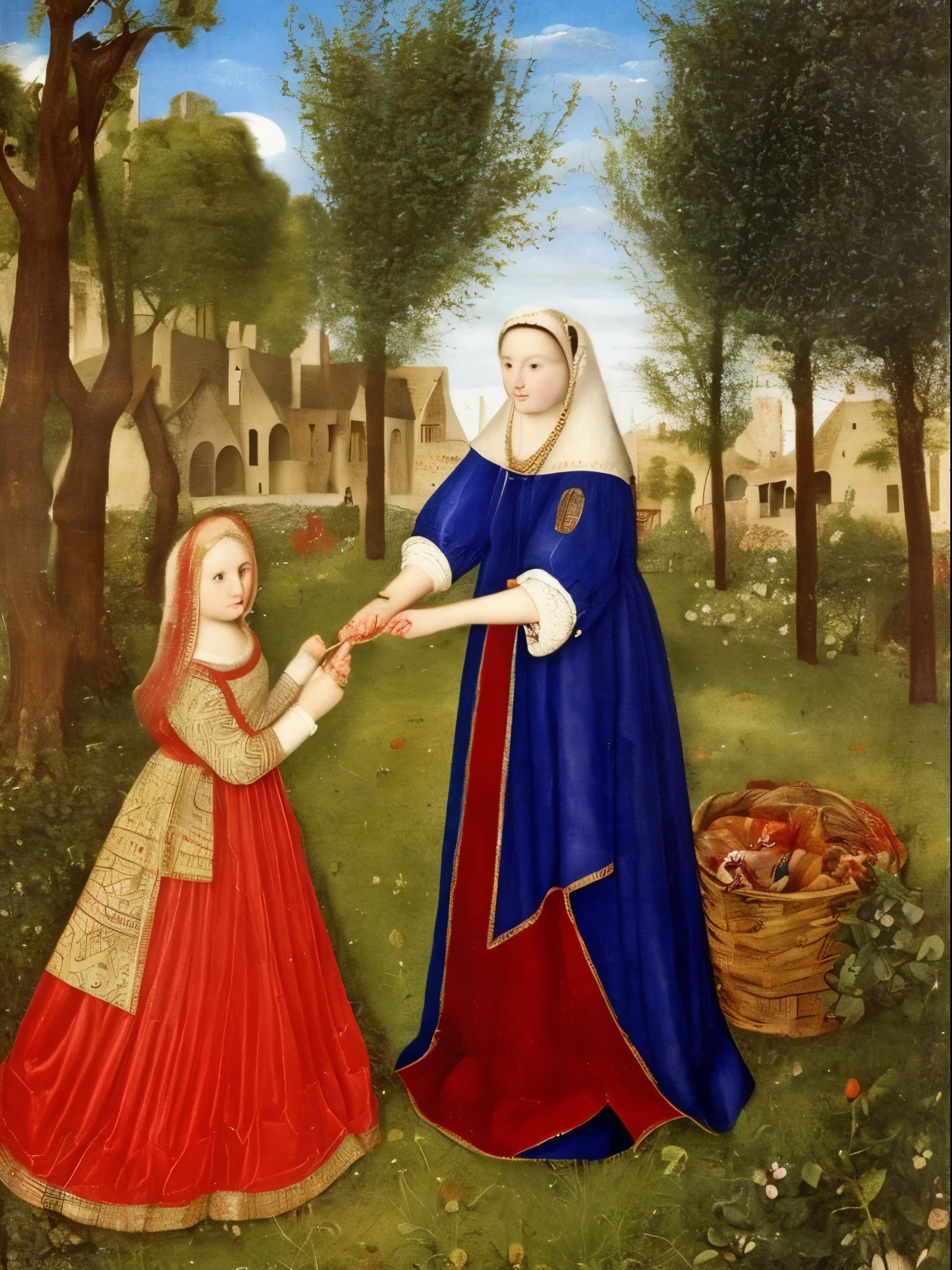 Antique painting of a young medieval girl dressed as a commoner in a backyard, medieval painting of the 16th century, Rafael Santi, old canvas