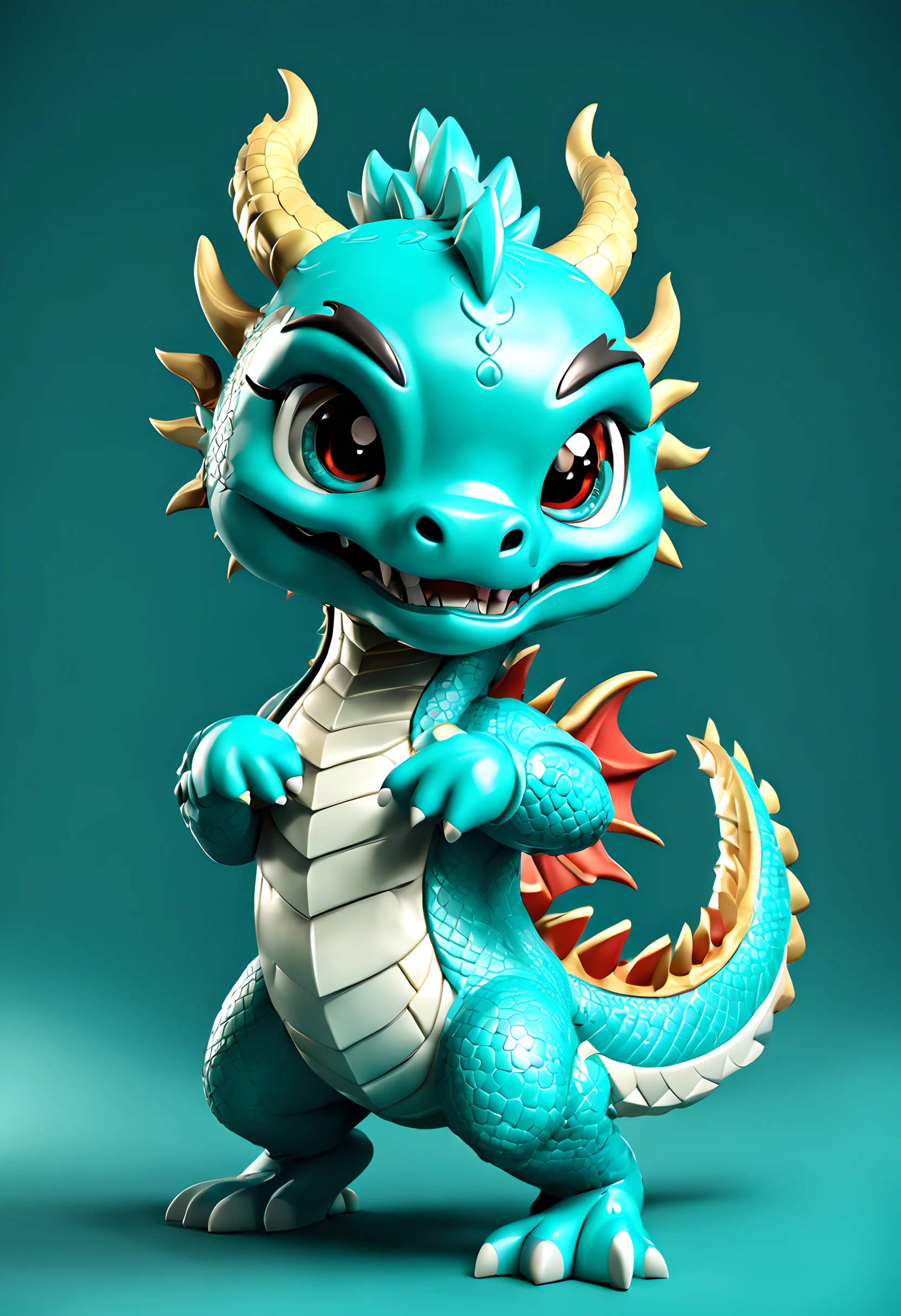 Cute Chinese dragon mascot ,3D style, 3Drenderingof, tchibi, full bodyesbian, cyan colors, tmasterpiece