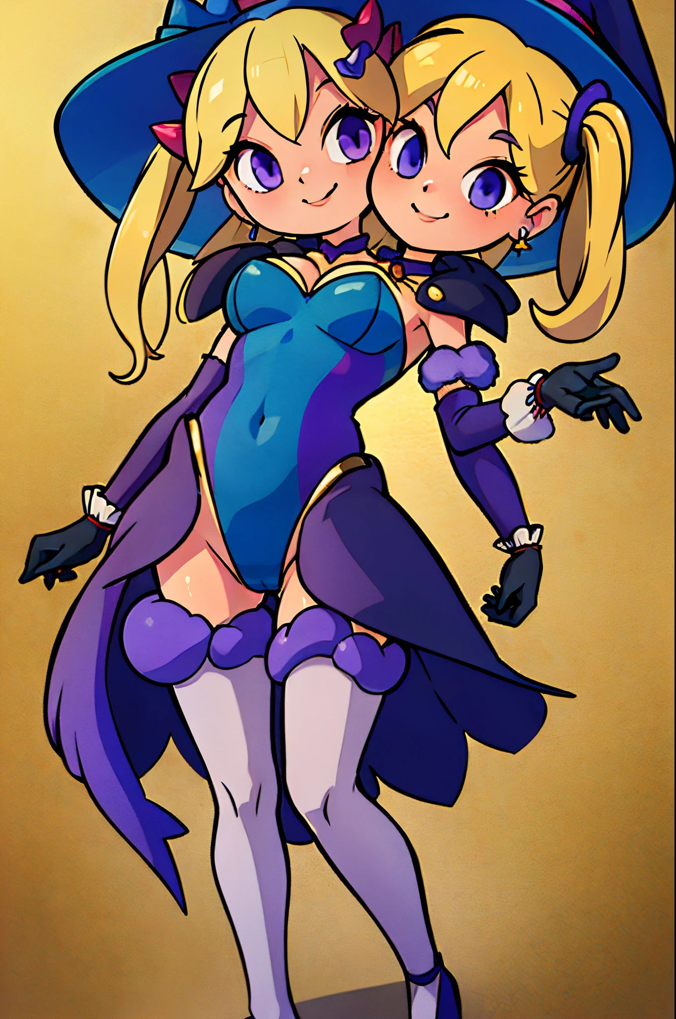 (3heads:1.2), 1girl, ((masterpiece,best quality)), absurdres, aamona, long hair, twintails, hair ornament, black ribbon, earrings, witch hat, purple headwear, choker, cape, fur trim, gold trim, blue leotard, detached sleeves, gloves, pantyhose,  cowboy shot,  smile,