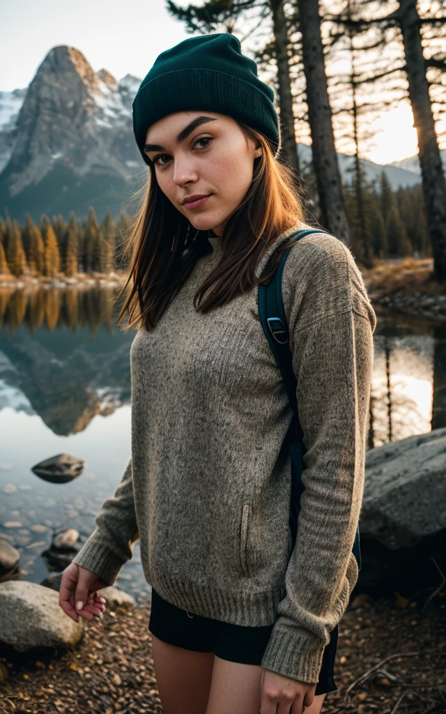 Sasha Grey ((upper body selfie, happy)), masterpiece, best quality, ultra-detailed, solo, outdoors, (night), mountains, nature, (stars, moon) cheerful, happy, backpack, sleeping bag, camping stove, water bottle, mountain boots, gloves, sweater, hat, flashlight, forest, rocks, river, wood, smoke, shadows, contrast, clear sky, analog style (look at viewer:1.2) (skin texture) (film grain:1.3), (warm hue, warm tone:1.2), close up, cinematic light, sidelighting, ultra high res, best shadow, RAW, upper body, wearing pullover