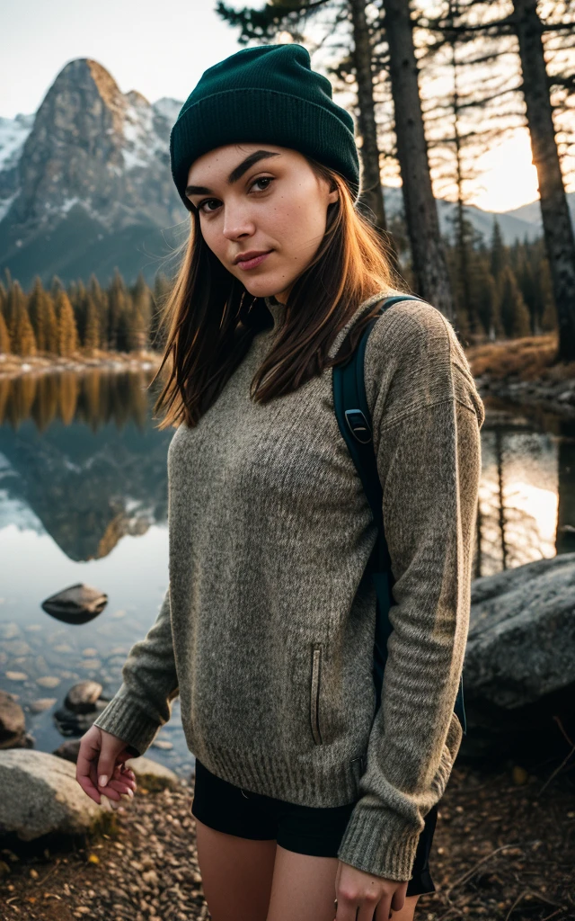 1 woman ((upper body selfie, happy)), masterpiece, best quality, ultra-detailed, solo, outdoors, (night), mountains, nature, (stars, moon) cheerful, happy, backpack, sleeping bag, camping stove, water bottle, mountain boots, gloves, sweater, hat, flashlight, forest, rocks, river, wood, smoke, shadows, contrast, clear sky, analog style (look at viewer:1.2) (skin texture) (film grain:1.3), (warm hue, warm tone:1.2), close up, cinematic light, sidelighting, ultra high res, best shadow, RAW, upper body, wearing pullover