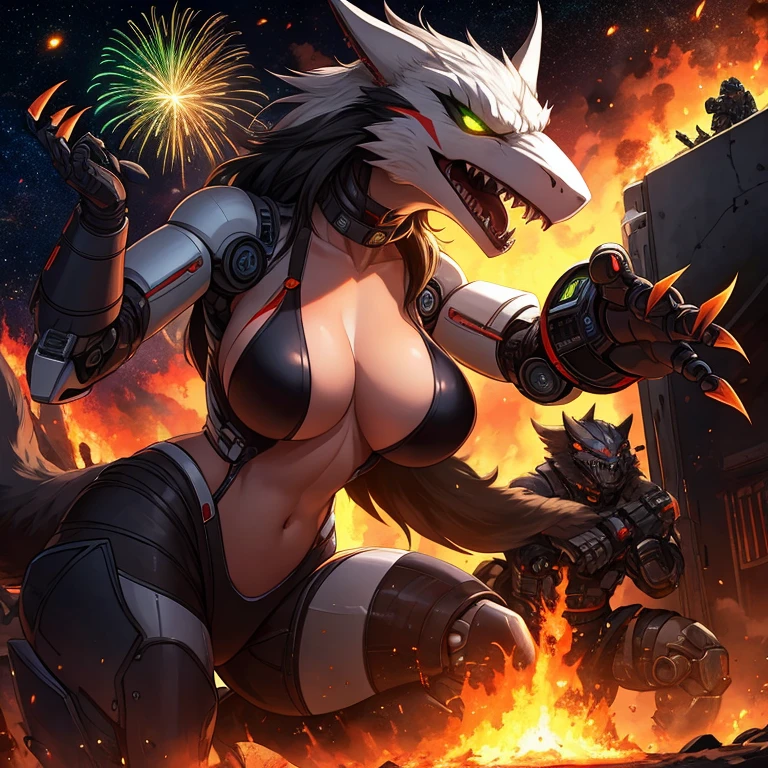 female, anthro, sergal, metallic, robotic, robot, android, demonic, black, glowing green eyes, claws outstretched, angry face, fangs showing, small breasts, thin body, curved thighs, war, explosions, fireworks, explosions, exploding bombs, debri, science fiction, space ships on fire, war, warrior, fighting, masterpiece, high quality, no clothes,