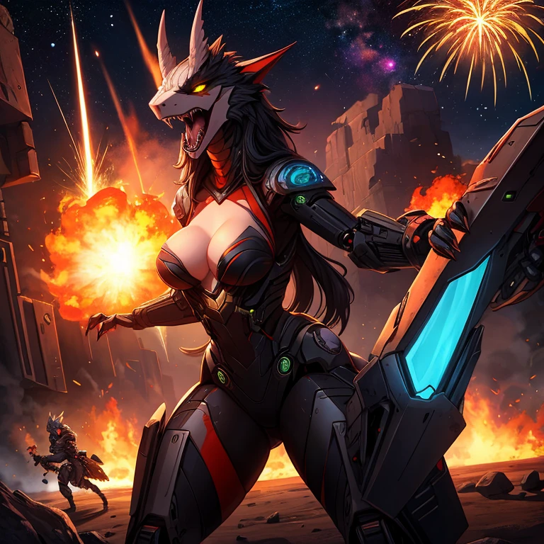female, anthro, sergal, metallic, robotic, robot, android, demonic, black, glowing green eyes, claws outstretched, angry face, fangs showing, small breasts, thin body, curved thighs, war, explosions, fireworks, explosions, exploding bombs, debri, science fiction, space ships on fire, war, warrior, fighting, masterpiece, high quality, no clothes,