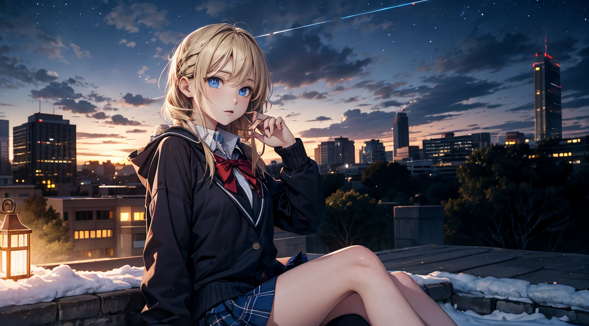 masutepiece,8K,octans, Skysky, stele(Skysky), landscapes, starrysky, natta, 1girl in, looks at the camera, piercing gaze, nigh sky, report, plein air, built, ​​clouds, milkyway, sitting on, 城市, silhuette, Cityscape,(Short, Low twin-tailed blonde hair:1.2), (Deep Blue Eyes:1.3), piercing gaze, (winter school uniform:1.1)