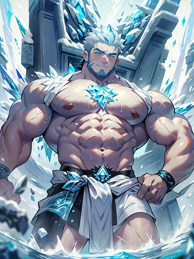 (masterpiece: 1.2), (very detailed: 1.2), (perfectly detailed), (very detailed and beautiful: 1.1) solo, 1 boy, male only, naked, muscular male, Michelangelo style, silver world, snow scene, sculpture, male statue, spirit, energetic and powerful young man, From below, low angle, buttocks, slightly surprised and shy smile,, dynamic pose, hypermuscle, huge body, humanoid, not human, all white body, clear white skin, white Frozen body, fluorescent blue sapphire eyes, white transparent short trimmed hair, hard texture, white transparent beard, sapphire gem buried in body, male, manly expression, super buff handsome muscular guy, huge pectoral muscle, hyper muscle, beef cake, drifting cold air, frozen world, frost, crystal, Hyper Pecs, IceMagicAI