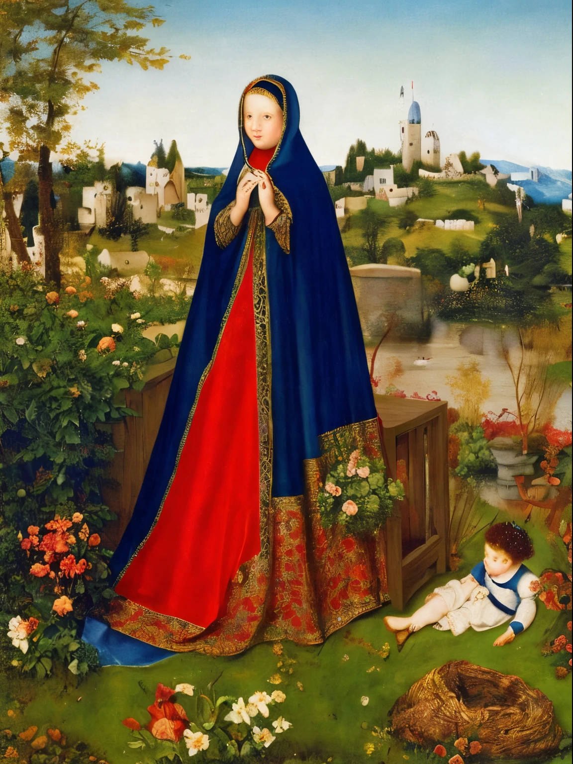 Antique painting of a young medieval girl dressed as a commoner in a backyard, medieval painting of the 16th century, Rafael Santi, old canvas