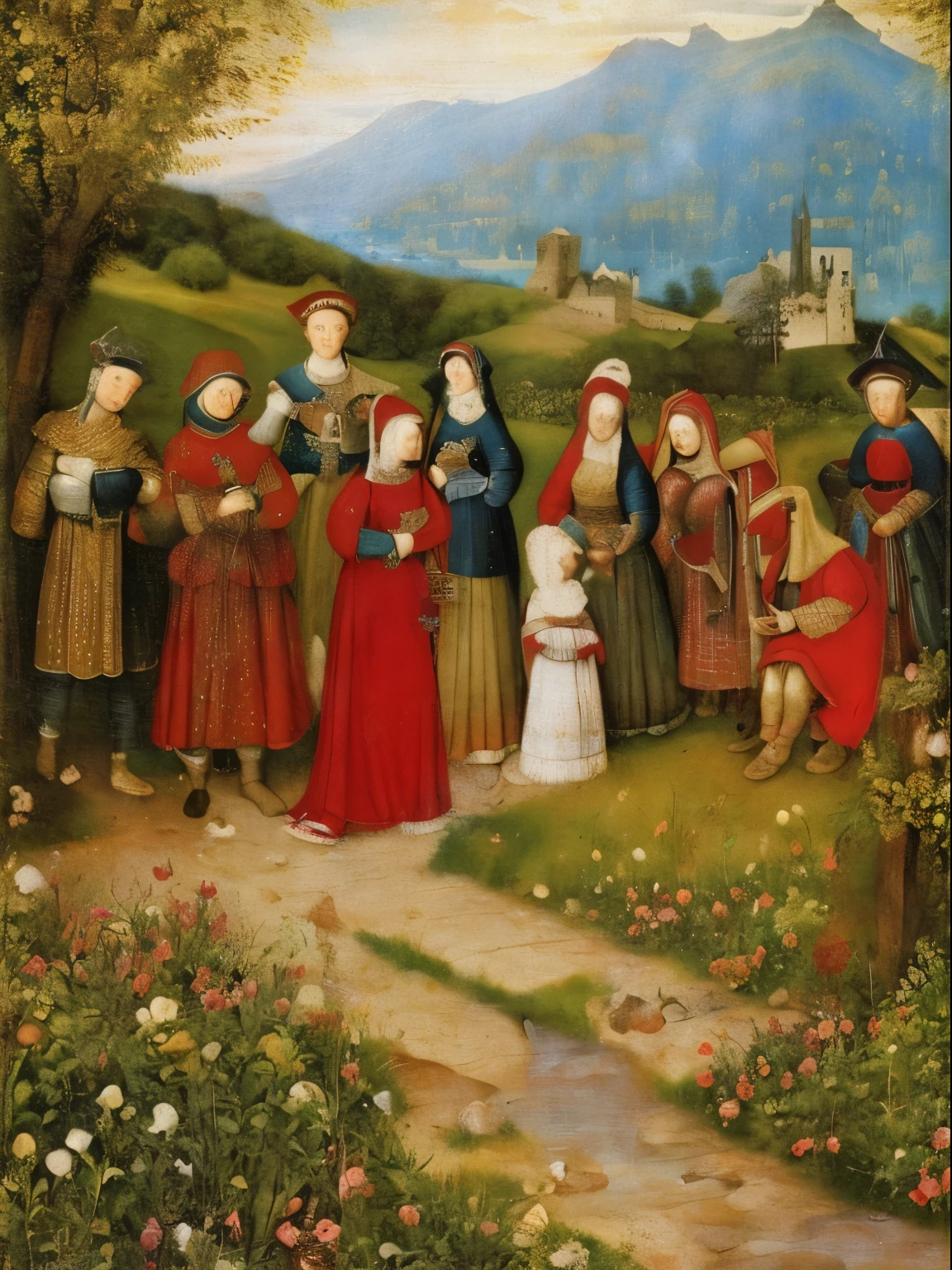 Antique painting of a young medieval girl dressed as a commoner in a backyard, medieval painting of the 16th century, Rafael Santi, old canvas
