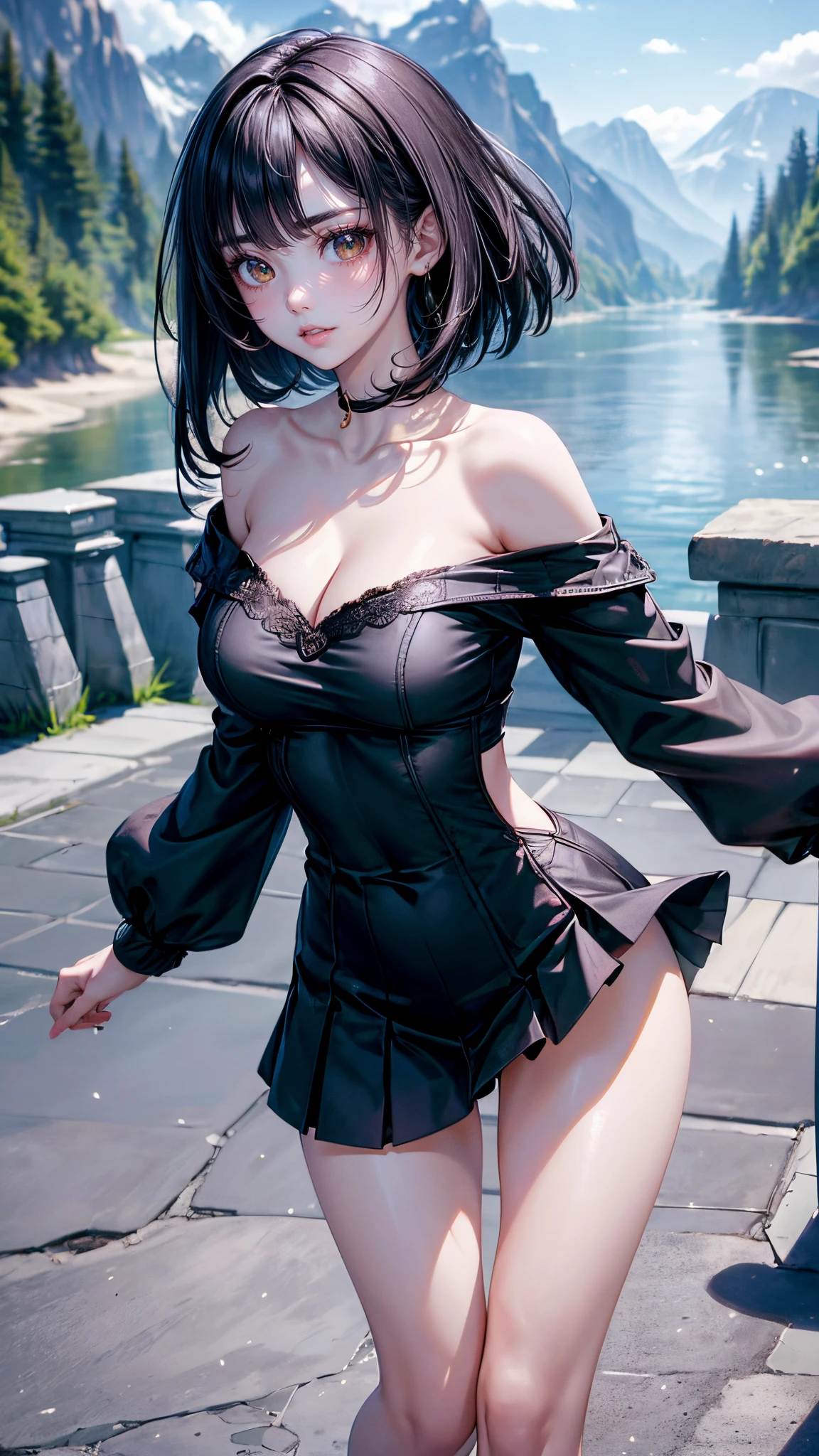 (Masterpiece:1.2, best quality : 1.2, illustration), Gorgeous caucasian woman, (beautiful face), long black hair, (long eyelashes), long thick eyebrows, ((symmetrical eyes)), (beautiful green eyes), (bangs), bangs over one eye, one eye covered by hair, wind blowing hair, ((red glossy lips)), red cheeks, pale white skin, (collarbone), (off-shoulder jacket), black bra underneath, visible , bare waist (short mini skirt), long legs, ((visible thigh)), dynamic standing pose, slighly bent forward, looking towards the viewer, (dark environment), ((near a river)), ((pebbles)), (snow mountains in background), ((wallpaper)), highres, 4k, 8k, 1080, HD, Intrinsic details, aesthetic outdoors, ((blurry background)), highly focused, extremely detailed, award-winning, (shadow effect), (detailed face), (detailed eys), ((symmetrical eyes))
