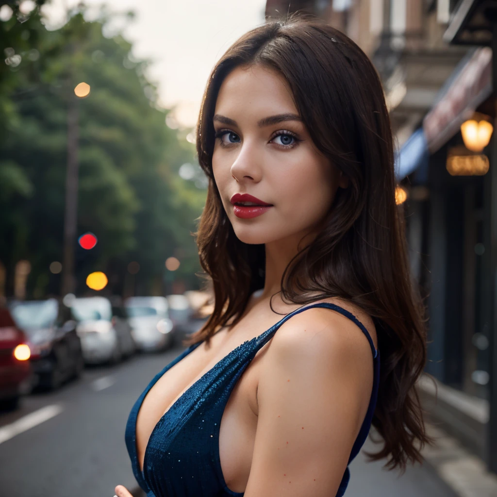 brunette with hot, perfect body, cherry red lipstick, no makeup, full body, Extreme Detail Photography, Eye for extreme detail, a beautiful woman, posing for a picture, looking aroused, depth of field, bokeh, Brunette Blue Eyes, full body view, black dress, long dress
