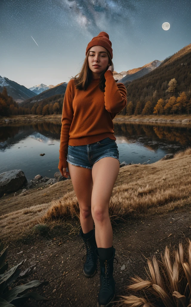 1 woman ((upper body selfie, happy)), masterpiece, best quality, ultra-detailed, solo, outdoors, (night), mountains, nature, (stars, moon) cheerful, happy, backpack, sleeping bag, camping stove, water bottle, mountain boots, gloves, sweater, hat, flashlight, forest, rocks, river, wood, smoke, shadows, contrast, clear sky, analog style (look at viewer:1.2) (skin texture) (film grain:1.3), (warm hue, warm tone:1.2), close up, cinematic light, sidelighting, ultra high res, best shadow, RAW, upper body, wearing pullover