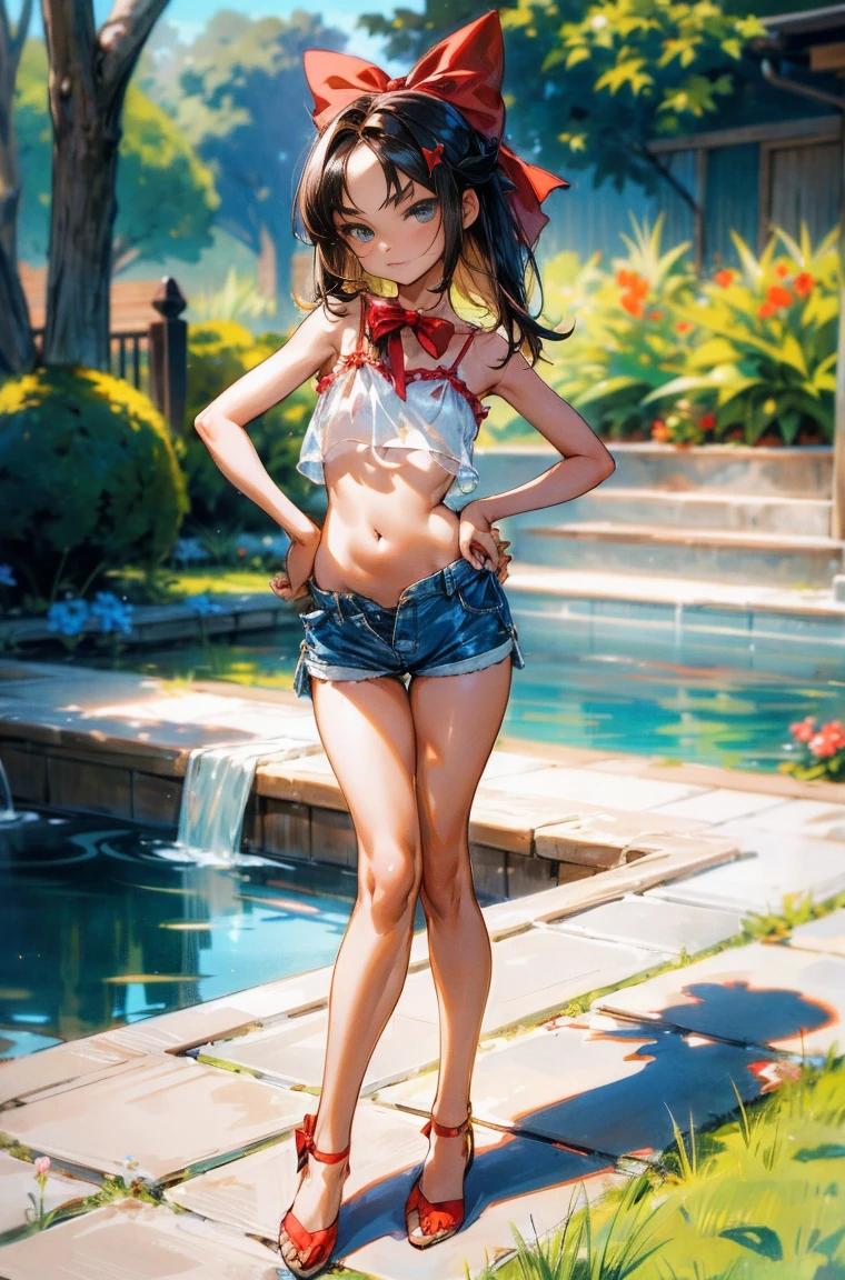 (((child))), straight hair, parted bangs, garden, artificial pond, full body, :<, (?????? contour:1), hand on hip, detailed background, red bow, white sheer camisole, midriff, (curvy legs), shorts, blue eyes, brown skin, tiptoe, (shiny skin:1), (slim waist:1.4)