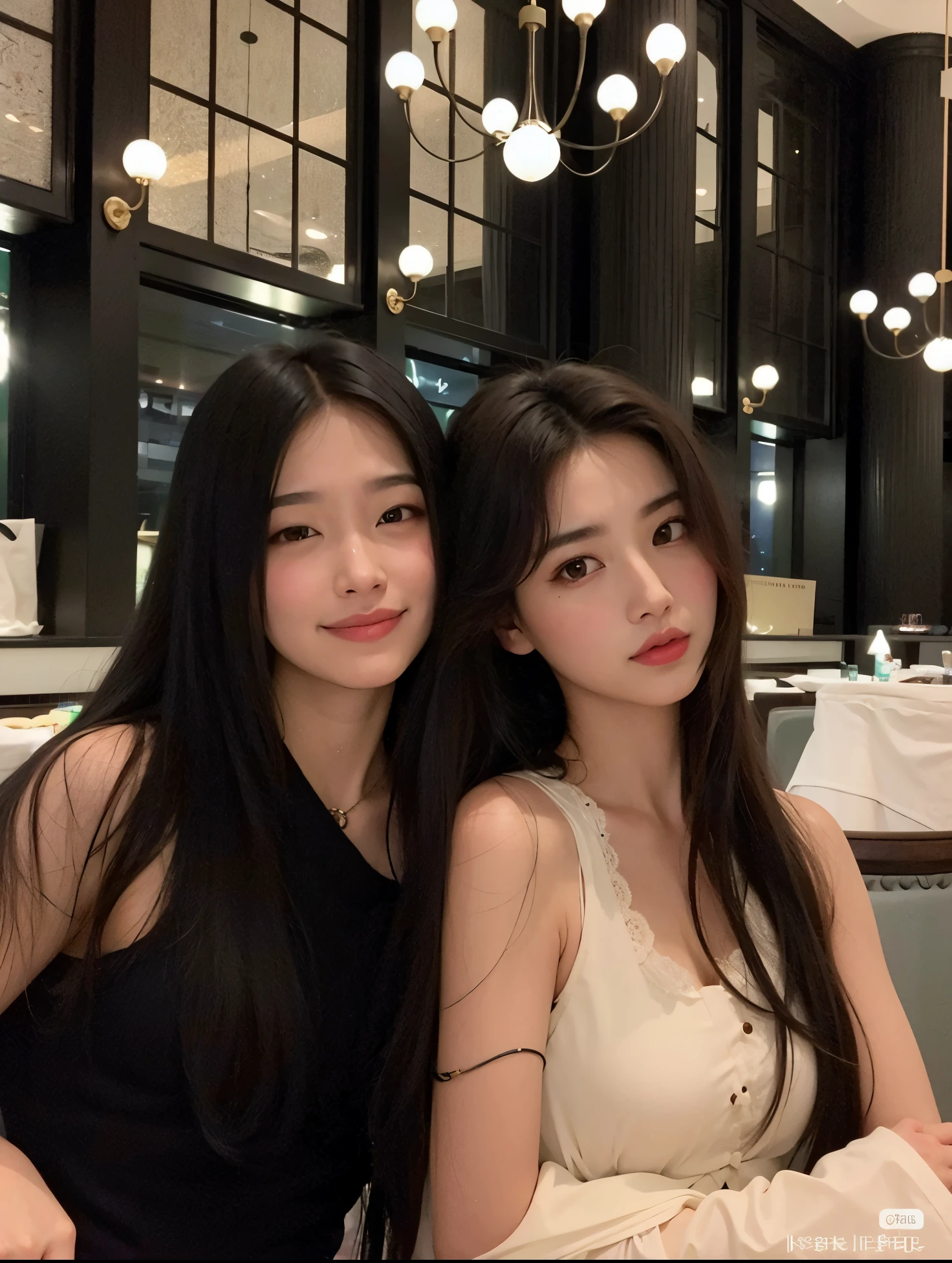 duas mulheres sentadas uma ao lado da outra em um restaurante, com preto, com hera, dilraba dilmurat, foto de perfil, Jaeyeon Nam, Nixeu e Sakimichan, # Oc, #Oc, Ulzzang, Wenfei Ye, with a twin, Zmonzheng, Xision Wu, Bae Suzy, inspirado em Wang Duo
