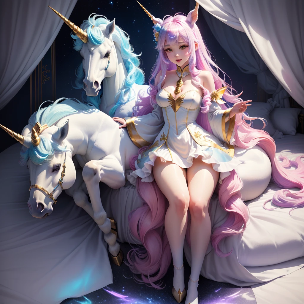 Unicorn Slender Beautiful Girl Surrealism, from side, (from below), UHD, ccurate, super detail, textured skin, best quality, 8k female a beauty girl Mystical Fictional creatures Dynamism Chinese legend Divine beast Also called Kirin Elongated horns Dragon-like body Deer-like legs Bird-like plumage Beautiful figure and elegance Integrity and holy existence Symbol of peace and prosperity