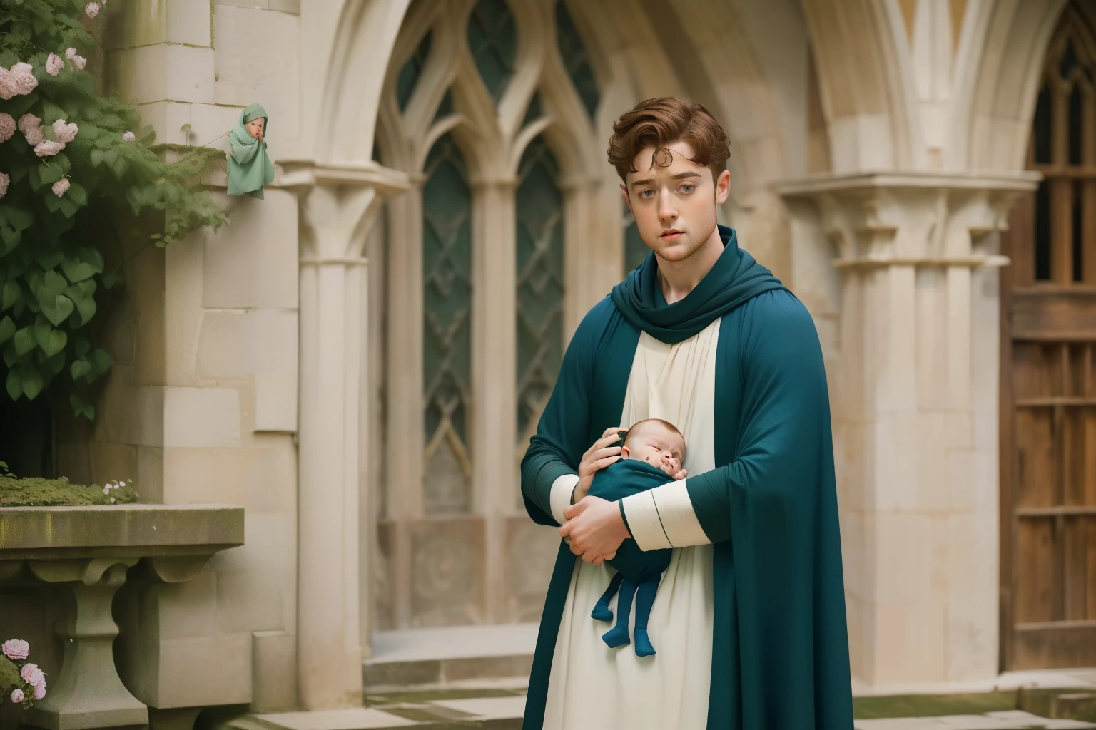 1136, Kingsbride, England. otherworldly scene in a monastery garden, ((((27-year-old)) Richard Rankin)), prior monk, holding a baby wrapped in a blanket, ((((poor plain tunic from the 12th century)))), ((Hairstyle of the 12th century)), ((Wes Anderson cinematic style)), colorful