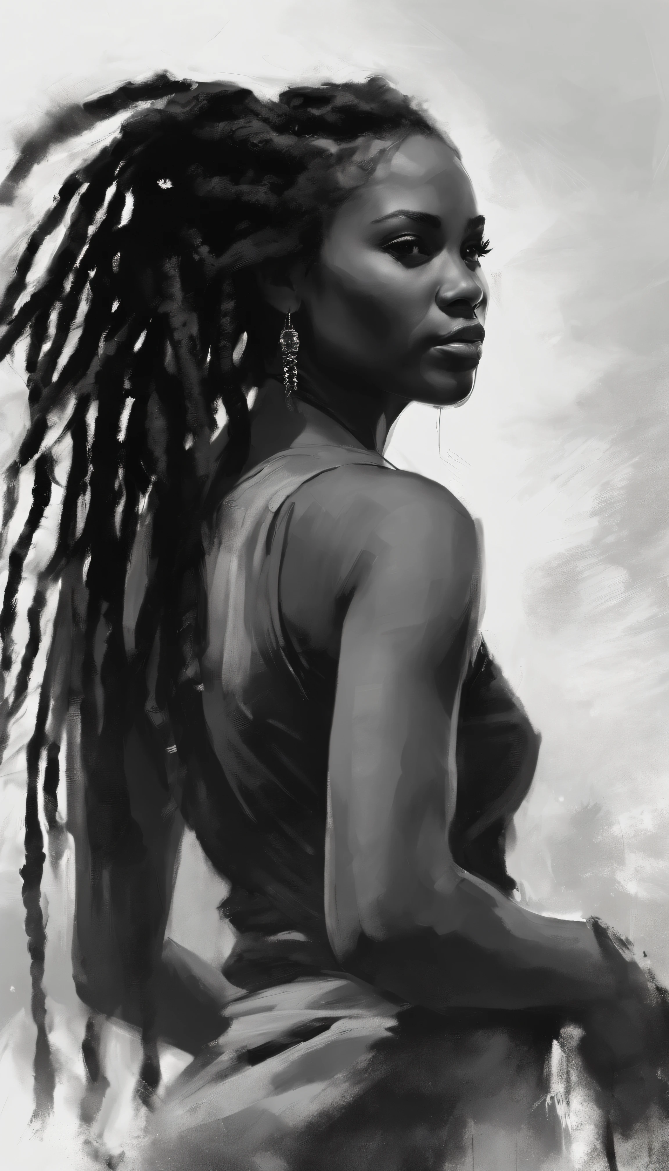 uma imagem de uma mulher negra com dreadlocks , No estilo de Russ Mills, Michael Garmash, charming sketches, mono-ha, Contemporary Asian art, Lilia Alvarado, Pincelada concisa --AR 69:128 --s 750 --V 5. 2, pinceladas nas cores do reggae