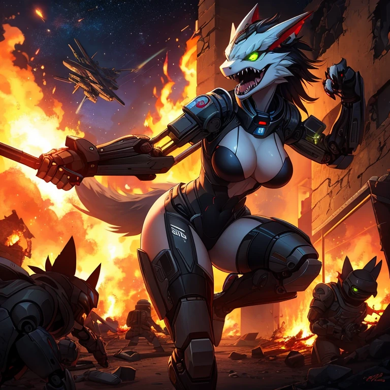 female, anthro, sergal, young, metallic, robotic, robot, android, demonic, black, glowing green eyes, claws ripping enemy, angry face, fangs showing, small breasts, thin body, curved thighs, war, explosions,  explosions, exploding bombs, debri, burning, burning buildings, science fiction, space ships on fire, war, warrior, fighting, masterpiece, high quality, no clothes,