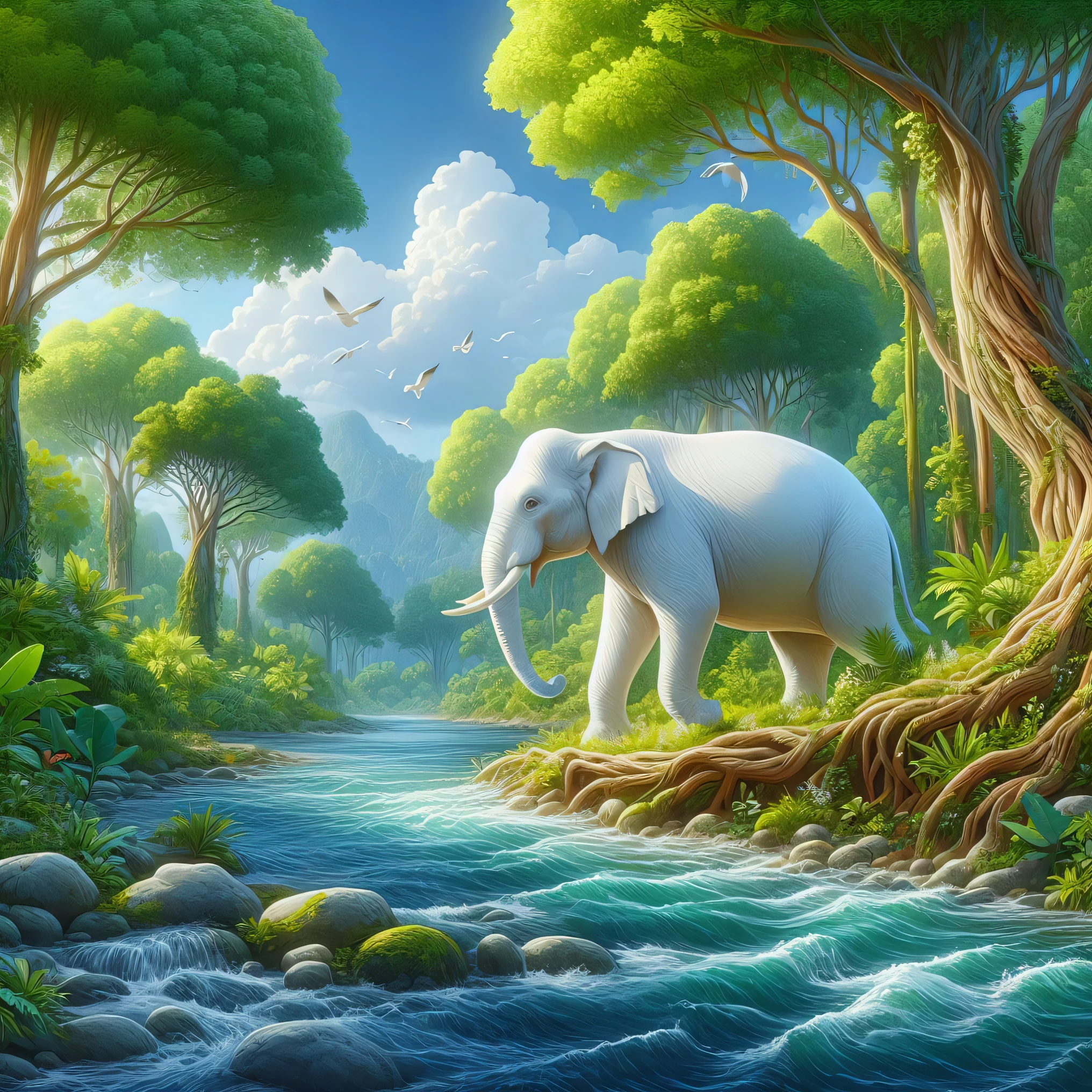 painting of an elephant in a jungle by a river, very beautiful digital art, beautiful digital painting, beautiful digital art, a beautiful artwork illustration, beautiful digital artwork, digital painting highly detailed, hd wallpaper, high quality digital painting, digital cartoon painting art, hd digital painting, . background: jungle river, epic surrealism 8k oil painting, fantasy matte painting,cute
