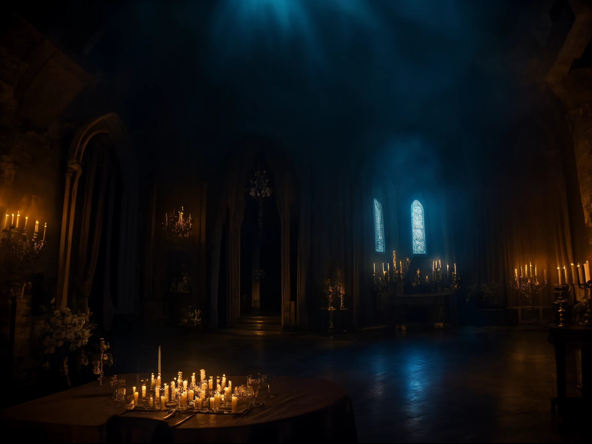 beautiful castle indoors, candle lights