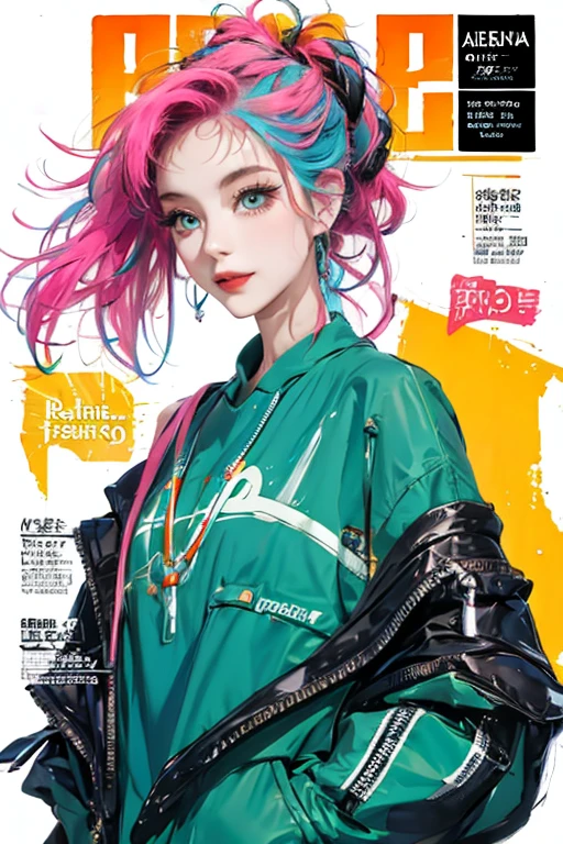 masterpiece, best quality, spring outfit, colorful neon hair, outdoor, magazine cover ,upper body, ponytail,