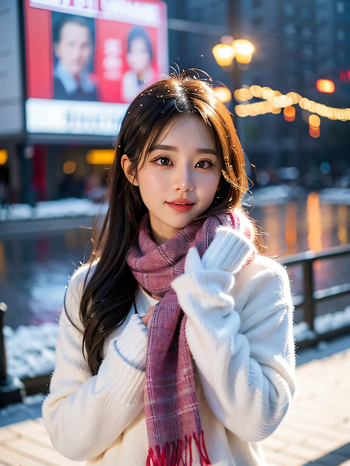 It's snowing、Christmas city landscape、Winter clothing、Portrait of woman wearing scarf and gloves, quality、hyper HD、奈良美智, This model, beuaty girl, Long gray hair, 27 year old female model, 4K ], 4K], 27years old, Sam rice cereal, Sam rice cereal