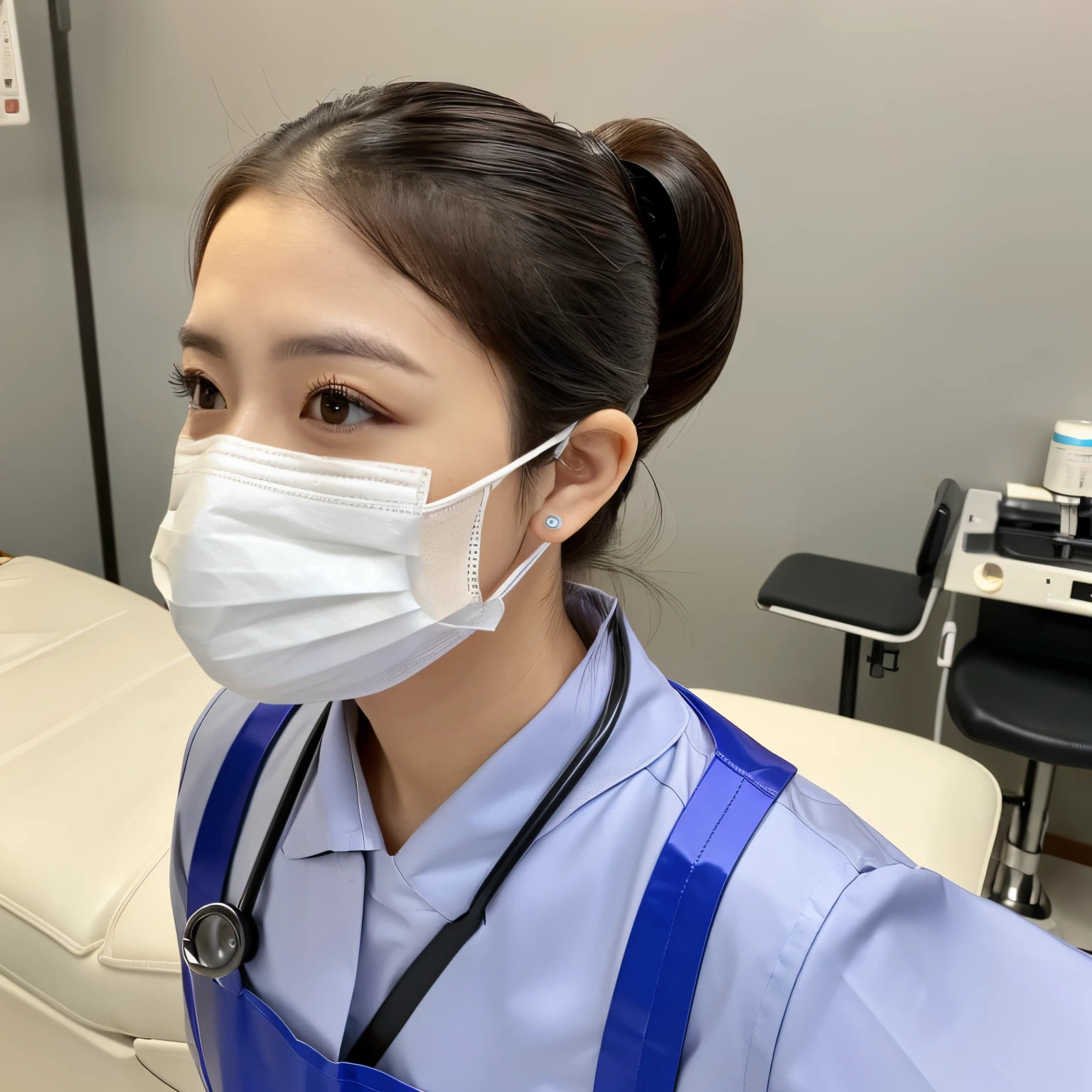 a matural female、Sadistic atmosphere、Brown hair、poneyTail、Dental Hygienist、Medical Clothing、((Collared nurseswear、Long length、puff sleeves、Pants Style)、 ((Medical apron))、((latex glove)) 、((maior、surgical mask、Cover up to the nose)) ((Dental Clinic Background))、With keen eyes, 26 year old, Best Quality, masutepiece、Dental Clinic Theme,dominant、harsh eyes、Dental Clinic Background、​masterpiece、top-quality、Dental chair、Oral surgery、Dental Instruments