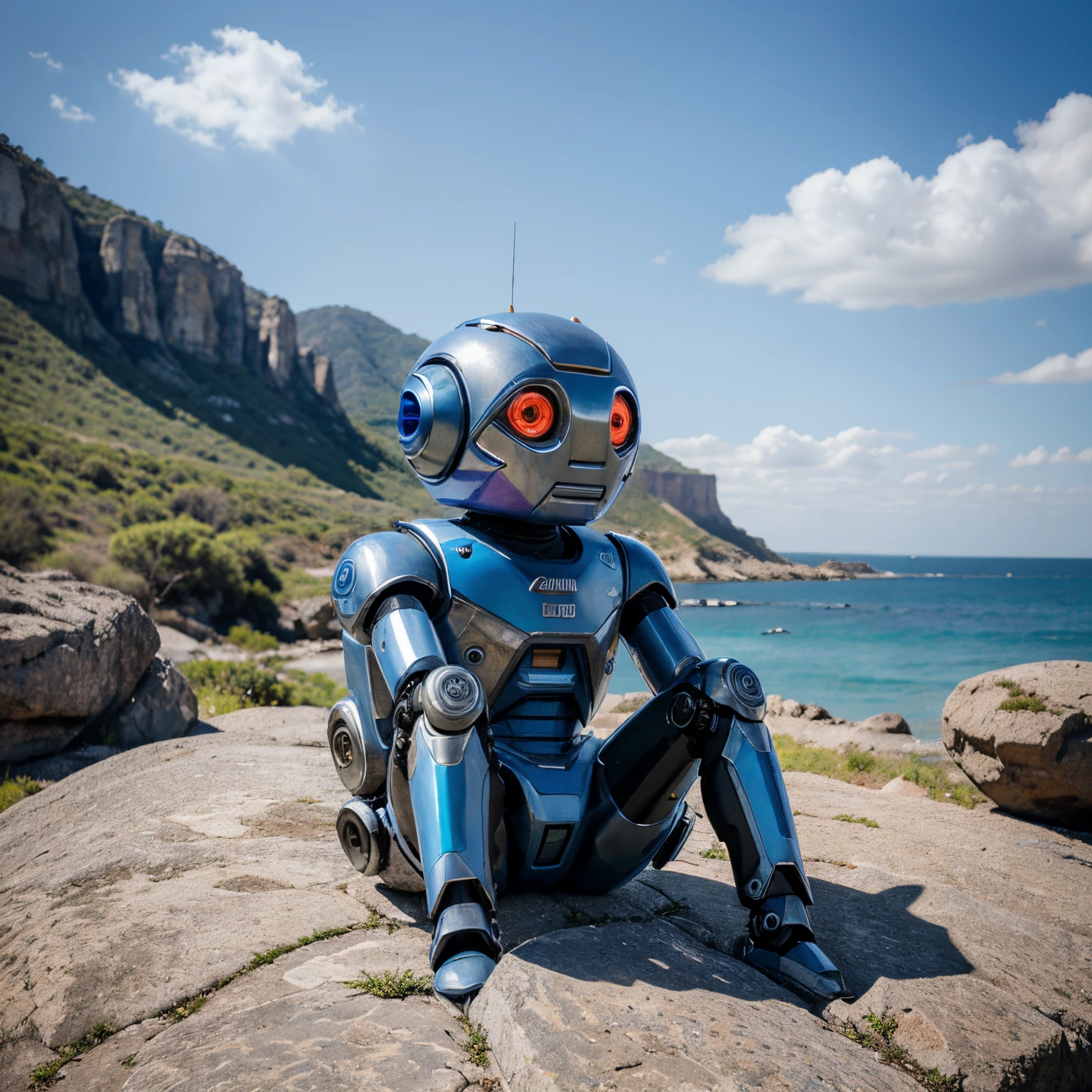 lonely robot sitting on a rock, oxidado, cercado por flores silvestres, clear blue sky, foco nítido, Estilo surrealismo, crayon drawing with mature artistic details, vivid colors, linhas em negrito, Lonely environment
