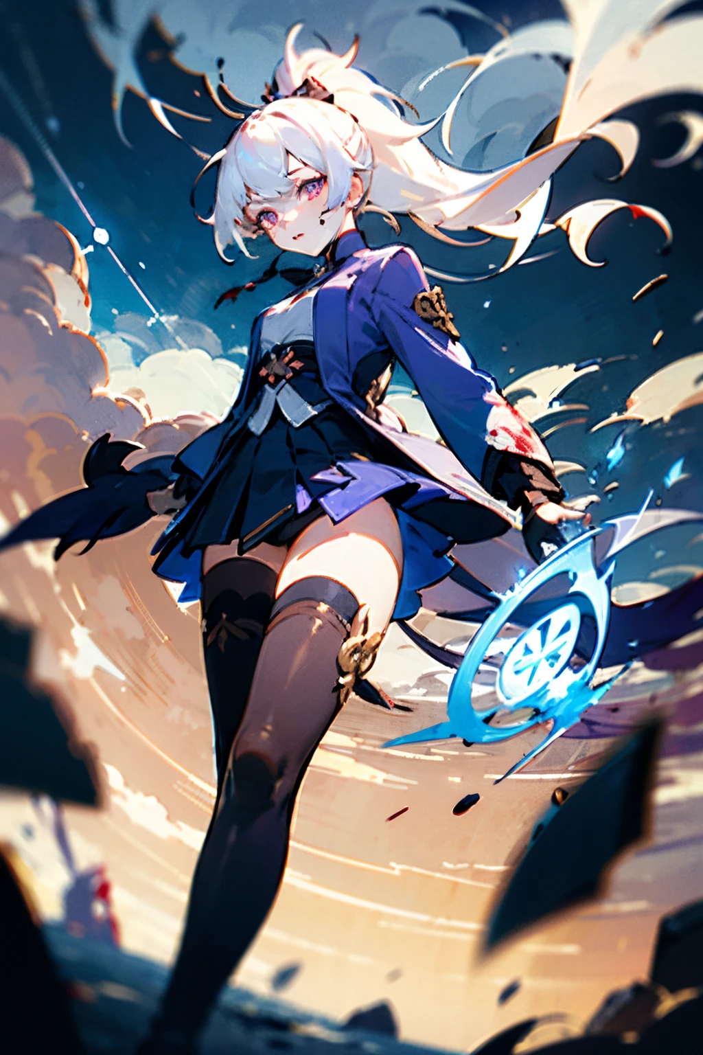 1girl, japanese clothes, ponytail ,white hair, purple eyes, magic circle, blue fire, blue flames, wallpaper, landscape, blood, blood splatter, depth of field, night, light particles, light rays, sidelighting, thighs, fate \(series\), genshin impact, open jacket, skirt, thighhighs, cloud