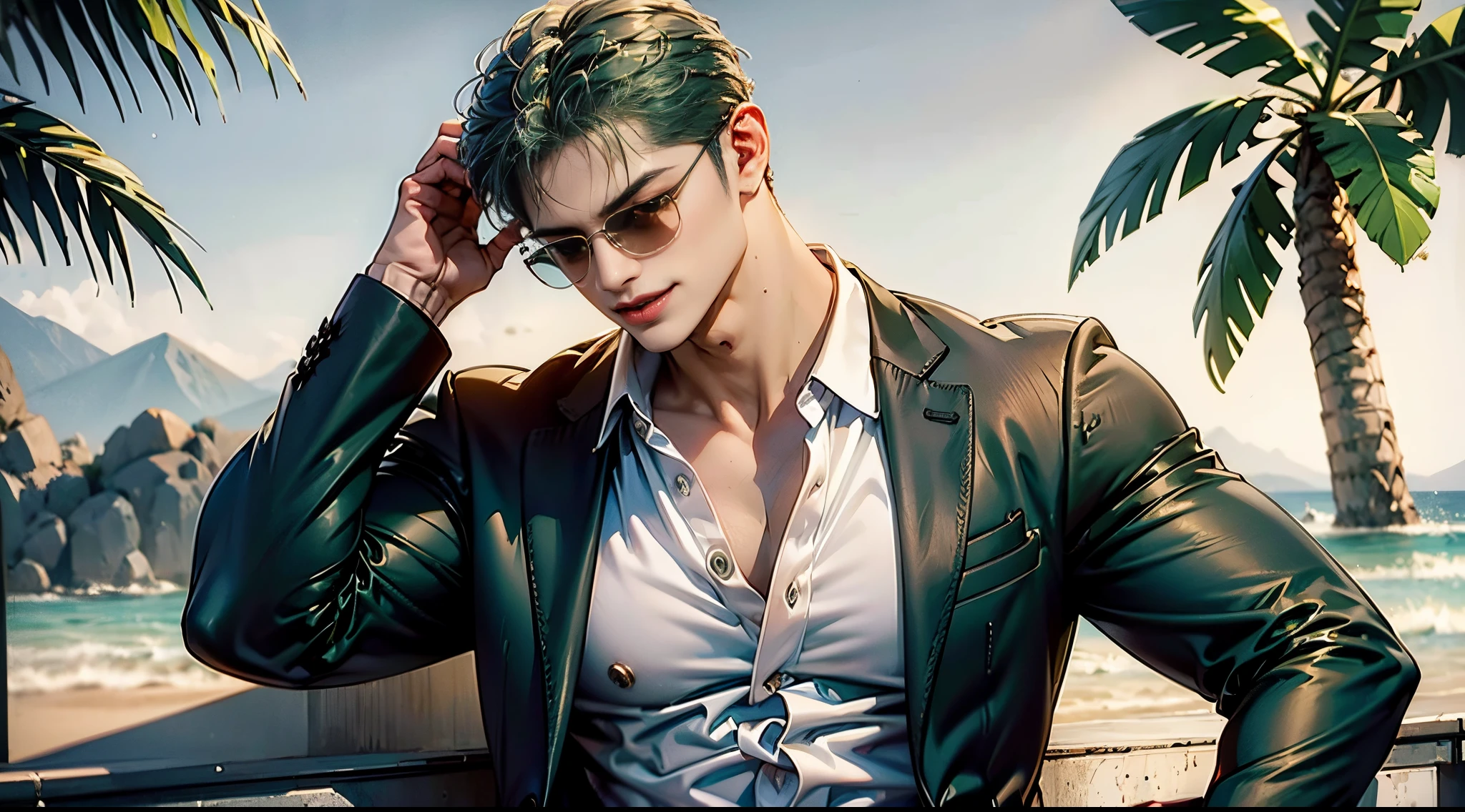 (best quality,4k,8k,highres,masterpiece:1.2),ultra-detailed,(realistic,photorealistic,photo-realistic:1.37),HDR,UHD,studio lighting,ultra-fine painting,sharp focus,physically-based rendering,extreme detail description,professional,vivid colors,bokeh,portrait,summer,green hair,pink glasses,casual suit,tropical environment,sunlight,beach,clear sky,smile,happiness