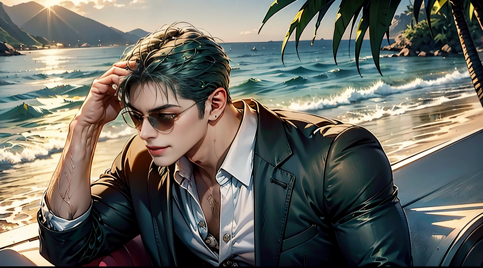 (best quality,4k,8k,highres,masterpiece:1.2),ultra-detailed,(realistic,photorealistic,photo-realistic:1.37),HDR,UHD,studio lighting,ultra-fine painting,sharp focus,physically-based rendering,extreme detail description,professional,vivid colors,bokeh,portrait,summer,green hair,pink glasses,casual suit,tropical environment,sunlight,beach,clear sky,smile,happiness