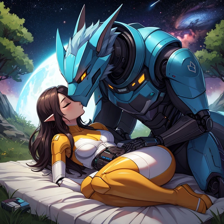 female, young, anthro, furry, android, metallic, robotic, robot, shiny, kobold, short height, small breasts, thing body, curved thighs, kissing sergal girl, laying down, under tree, hugging, holding, rubbing, intimate, no clothes, on blanket, at night, science fiction, space ships in sky, stars, high quality, masterpiece,