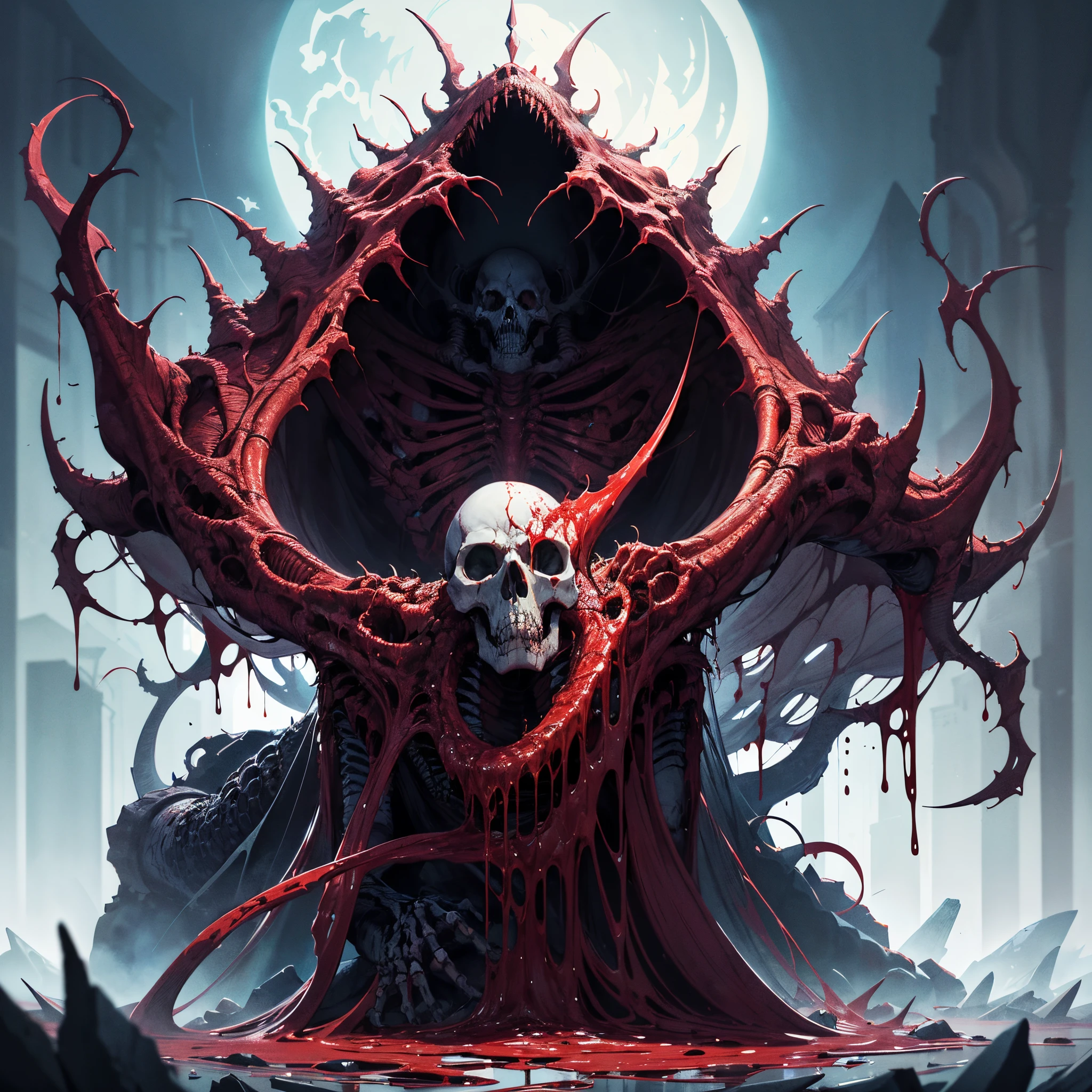 Close-up of a bunch of skulls in red hoods, Skeleton King,A beautiful bride in the middle, eerie highly detailed, Omen of bones, eerie art style, eerie and grim art style, Undead. Highly detailed, detailed 4k horror artwork, andreas rocha style, 8K high quality detailed art, inspired by Andreas Rocha, Red, Rivers of blood flow,Bloody +Red liquid+ conceptual art