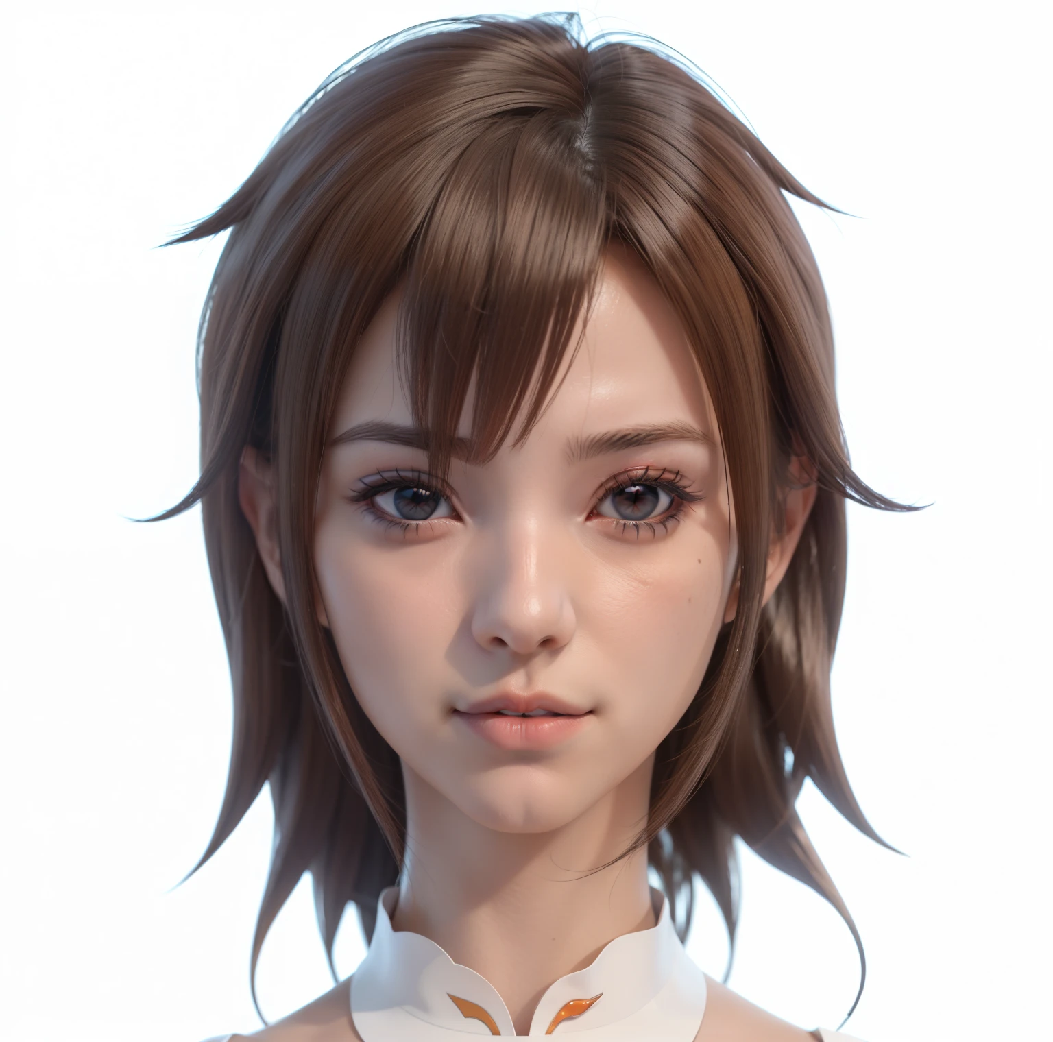 Anime girl with brown hair and orange eyes in a white shirt, Erstellt mit Anime Painter Studio, Realistischer Anime-3D-Stil, Detailliertes Anime-weiches Gesicht, Hochdetaillierter Gesichts-Anime, 3D im Anime-Stil, Halbrealistischer Anime, render of a cute 3d anime girl, Realistisches Anime-Gesicht, Portrait of an anime girl, Semirealistischer Anime-Stil, Realistic young anime girl , smil, orangefarbene Augen, Orangene Augen, Piercing in der Mitte der Unterlippe, gepierkte Unterlippe, leuchtend orange Augenfarbe, sanfter Gesichtsausdruck, silbernes piercing  unter dem mund